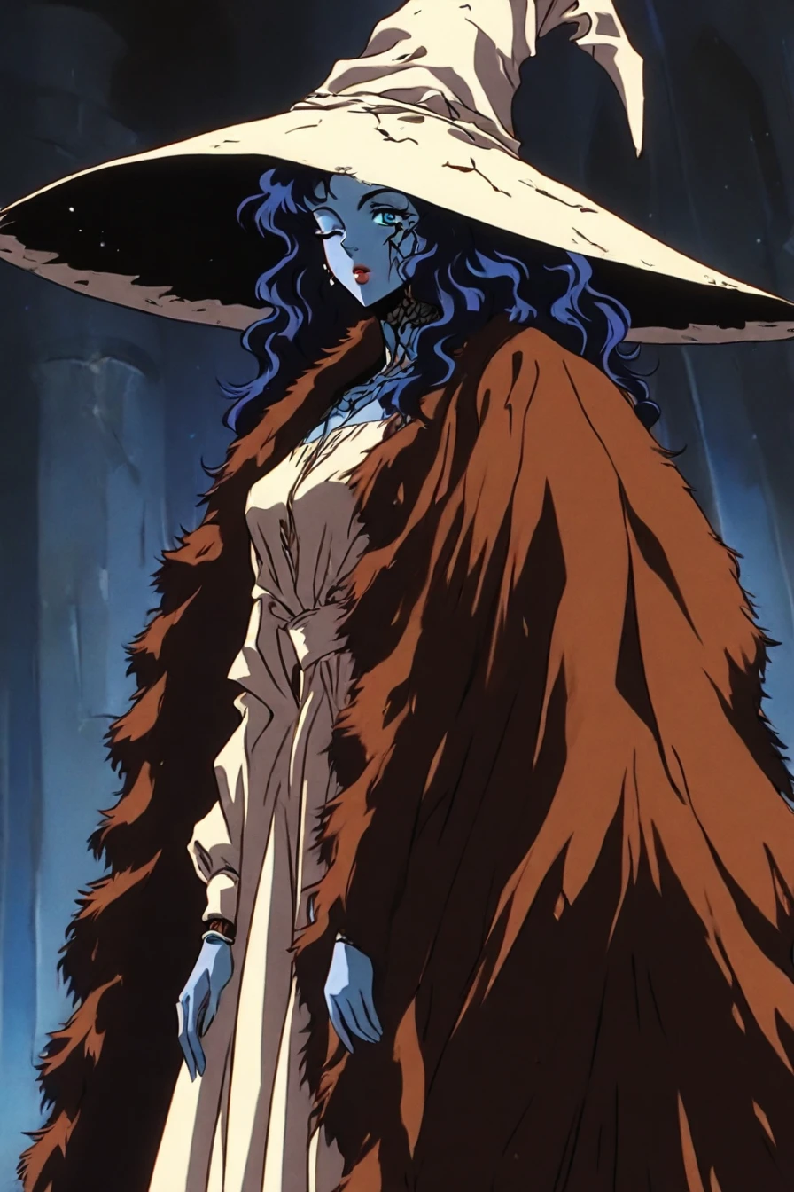 <lora:Ranni_illusXLNoobAI_Incrs_v1:0.4> RnnDef, blue eyes, one eye closed, blue hair, wavy hair, blue skin, colored skin, cracked skin, doll joints, witch hat, large hat, white headwear, white dress, long sleeves, fur cloak, brown cloak,1girl, solo, alone, <lora:retro_dark_anime_aesthetic-000021:1>, retro_dark_anime_aesthetic, retro, retro artstyle, masterpiece, highres
