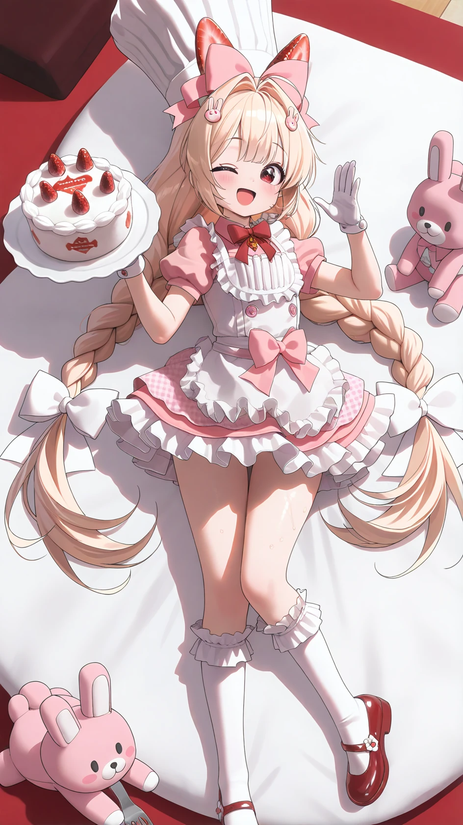 masterpiece, best quality, amazing quality, very aesthetic, absurdres, newest,detailed eyes,
anime coloring, screencap, anime screencap,
<lora:crust-000040:0.8> ,1girl, solo, long hair, looking at viewer, blush, smile, open mouth, bangs, blonde hair, hair ornament, red eyes, gloves, hat, , dress, bow, holding, animal ears, twintails, very long hair, full body, braid, short sleeves, :d, hair bow, frills, food, shoes, socks, puffy sleeves, white gloves, rabbit ears, apron, red bow, twin braids, puffy short sleeves, kneehighs, fruit, white headwear, stuffed toy, frilled dress, stuffed animal, white bow, white socks, red footwear, pink dress, white apron, plate, cake, frilled apron, strawberry, food-themed hair ornament, rabbit hair ornament, holding plate, chef hat, frilled socks
, full body,smile,, one eye closed, solo, ahoge, lying, on back,
masterpiece,best quality,amazing quality,, masterpiece,best quality,amazing quality,