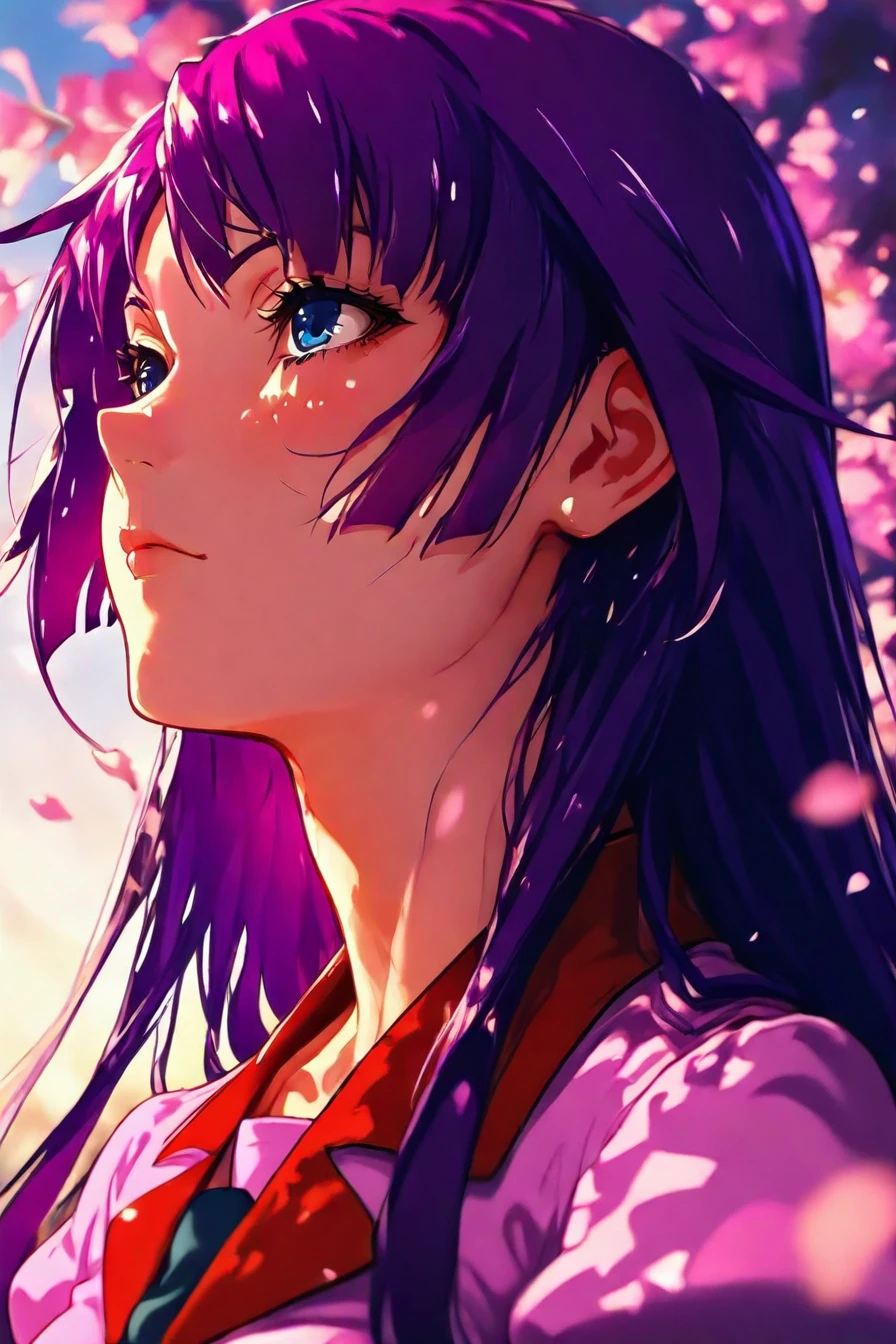 hitagi senjougahara, bangs, long hair, blue eyes, purple hair,skirt, school uniform, necktie, zettai ryouiki, naoetsu high school uniform, 1girl, solo, alone, <lora:anime_portrait_wallpaper-000031:1>, anime_portrait_wallpaper, portrait, masterpiece, highres