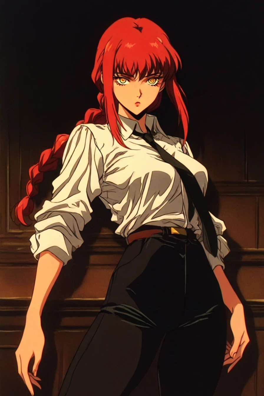 makima, red hair, long hair, yellow eyes, ringed eyes, braid, white collared shirt,black necktie, black pants, 1girl, solo, alone <lora:retro_dark_anime_aesthetic-000021:1>, retro_dark_anime_aesthetic, retro, retro artstyle, masterpiece, highres