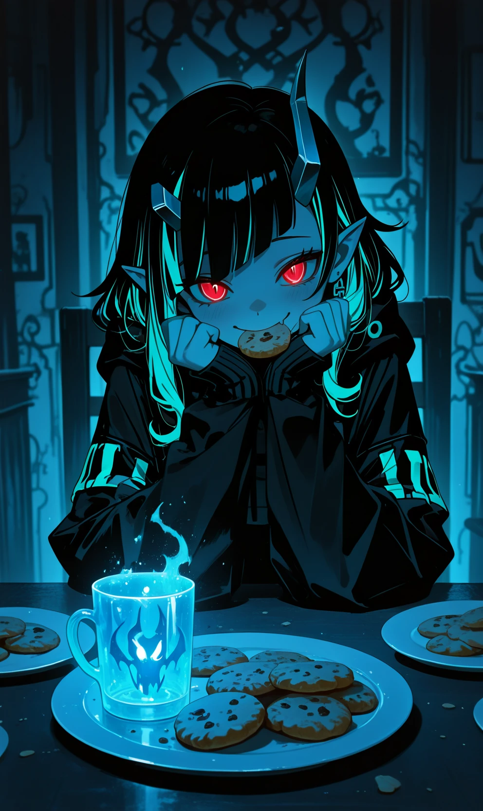 masterpiece, best quality, ultra detailed, cinematic anime style, dark indoor scene, soft glow lighting, moody atmosphere, 1girl, shishio chris (virtual youtuber), demon girl, red glowing eyes, long multicolored hair (black and blue), pointy ears, curved horns, wearing oversized black cloak with long sleeves past wrists, sitting on a table, holding a cookie near her mouth, plate of cookies beside her, blue glowing cup nearby, soft crumbs on table, faint smile, playful expression, looking at viewer, dim lighting, ambient blue glow, contrast between shadows and glowing elements, stylized background blur, cozy but eerie mood, fantasy anime shading, bluish color theme, cute yet mysterious, subtle magical energy floating