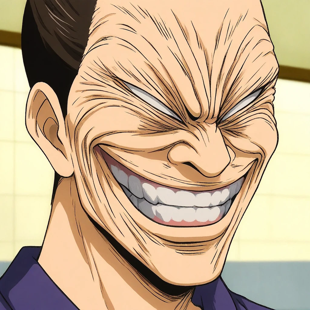 grinning face, exaggerated smile, wrinkled expression, meme face, 1boy, solo