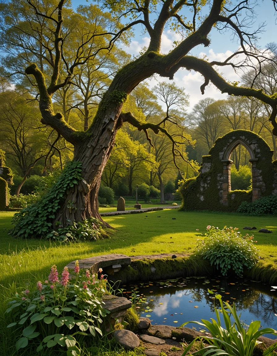 <lora:MW_Roma02flux:1> R11, outdoors, old loose garden, high grass, golden sunlight filtering through clouds, blue sky, wild flowers, climbing ivy, romantic decay, old stone bench near a pond, fish in the pond, moss, rocks, tortured tree leaning over the old cracked stone bench, dreamy atmosphere, forest, soft ambient light, romantic scenery, soft lighting, gothic ruins in the far background with moss-covered walls,