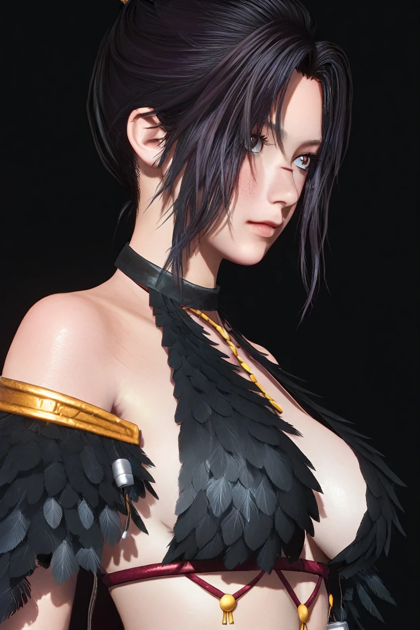 <lora:wuchang1llust:0.8>,
wuchang,FallenFeathers,1girl,simple_background,black_background,upper_body,halterneck,