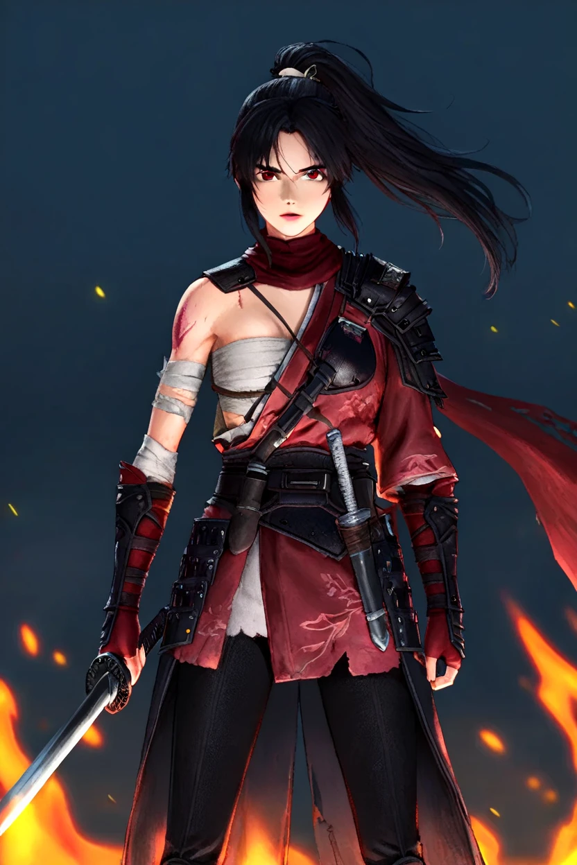 <lora:wuchang1llust:0.8>,
wuchang,FallenFeathers,1girl,weapon,sword,solo,black hair,armor,ponytail,sarashi,fire,simple background,katana,fingerless gloves,standing,gloves,shoulder armor,sheathed,scarf,looking at viewer,long hair,japanese clothes,battlefield,
