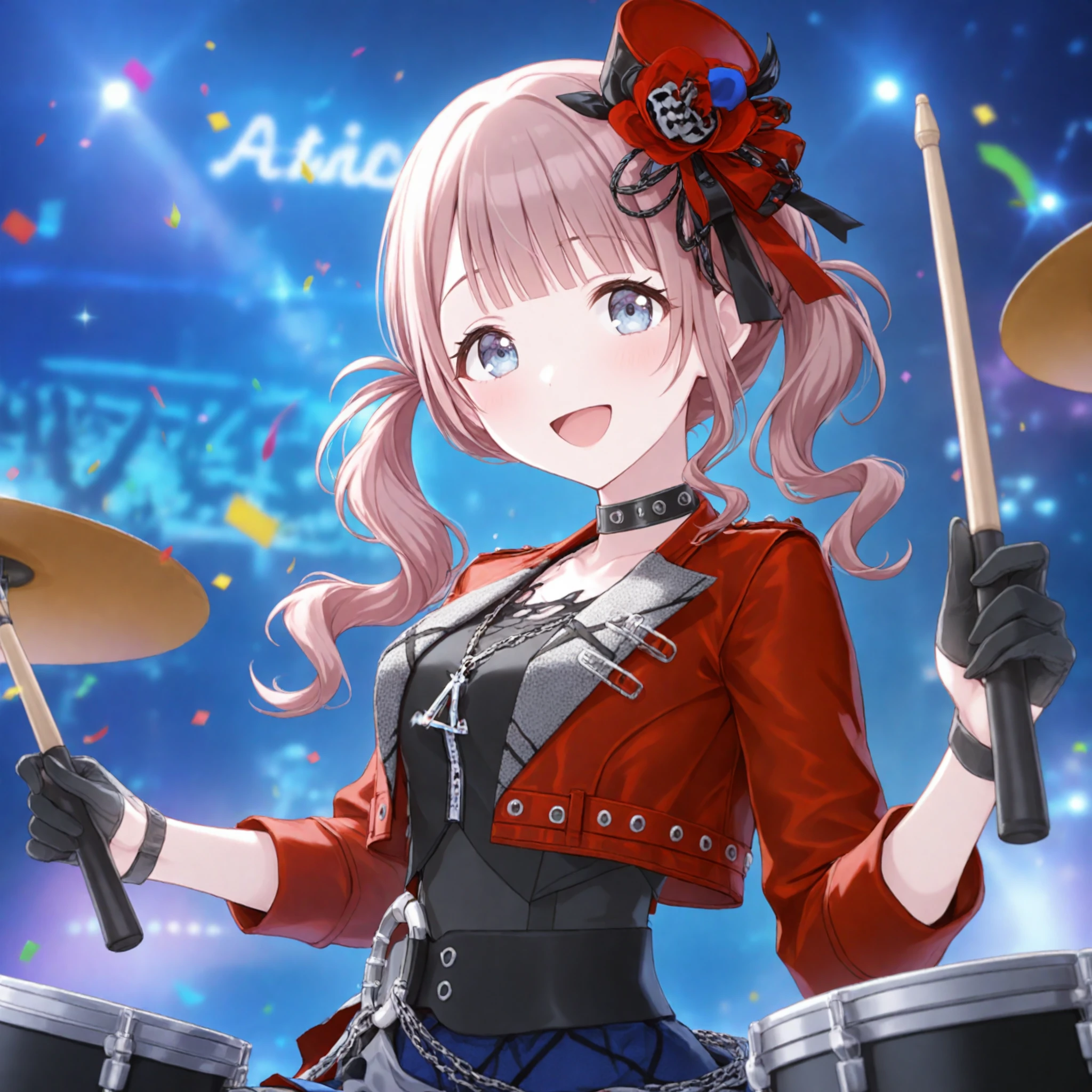 1girl, mochizuki honami, project sekai, solo, from side, upper body shot,
A drum set is setting in front of the girl,
The girl is sitting behind a drum set,
playing drum set, holding drumsticks, dual wielding,
resonance honami, blue eyes, detailed eyes, side ponytail, :D,
looking at viewer, sitting, legs apart, four fingers and thumb, portrait,
red jacket, black gloves, chain, half gloves, black shirt, black pantyhose, mini hat, open jacket, long sleeves, chain necklace, black belt, cropped jacket, red headwear, fishnet pantyhose, blue shorts, choker, thigh strap, fingerless gloves, mini top hat, bracelet, torn clothes,
drum set, dark, stage, stage light, neon light, confetti-flurry, depth of field,
nijistyle, jwst, masterpiece, amazing quality, very aesthetic, ultra detailed, highres,
<lora:hand 5.5:1>, <lora:ObIL-style-nijistyle02:0.6>, <lora:ObIL-style-JWST02:0.2>,
<lora:ObIL-leo-ResonanceHn01:0.6>