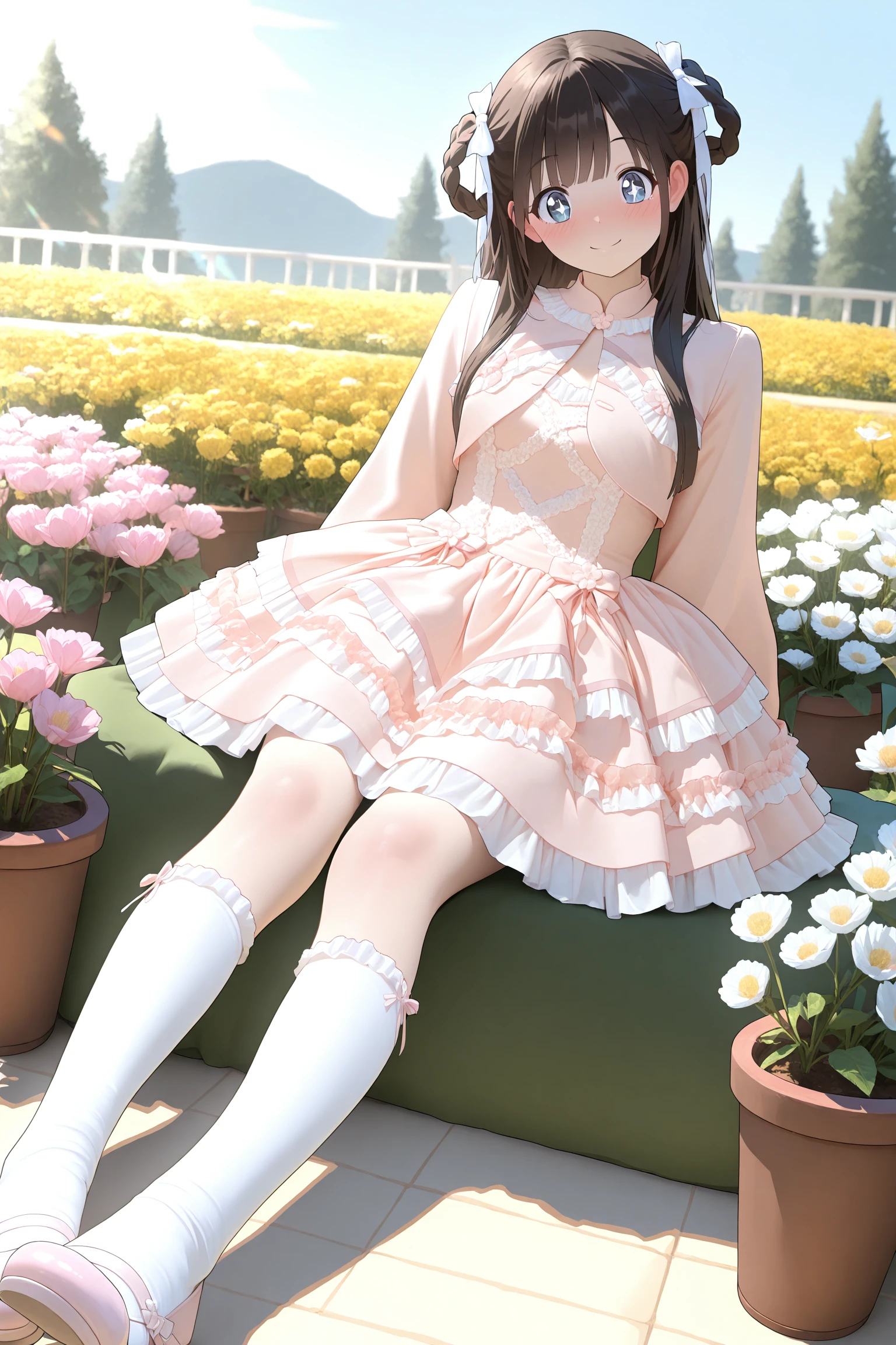 1girl, <lora:SWdress_illustrious:0.8>,SWdress, cropped_jacket, long sleeves, lace trim, frills, layered skirt, puffy dress, cross-laced dress, buttons,waist_ribbon,pink dress,frilled dress,white socks, frilled socks, kneehighs,ribbon footwear,mary janes,smile,flower garden, blooming flowers, butterflies, pastel sky, sunlight filtering through trees, dreamy atmosphere, smiling, blush, sparkling eyes, masterpiece, best quality, amazing quality, newest,detailed face, beautiful eye