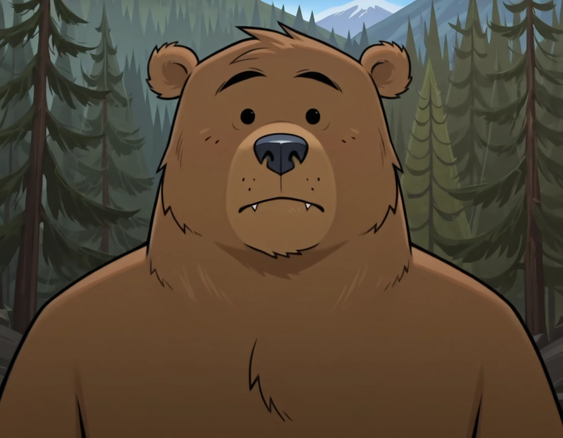 masterpiece, best quality, amazing quality, male, males only, male focus, solo, Bruno, bear, Dot eyes, mountain, forest, tree, upper body only, looking at view