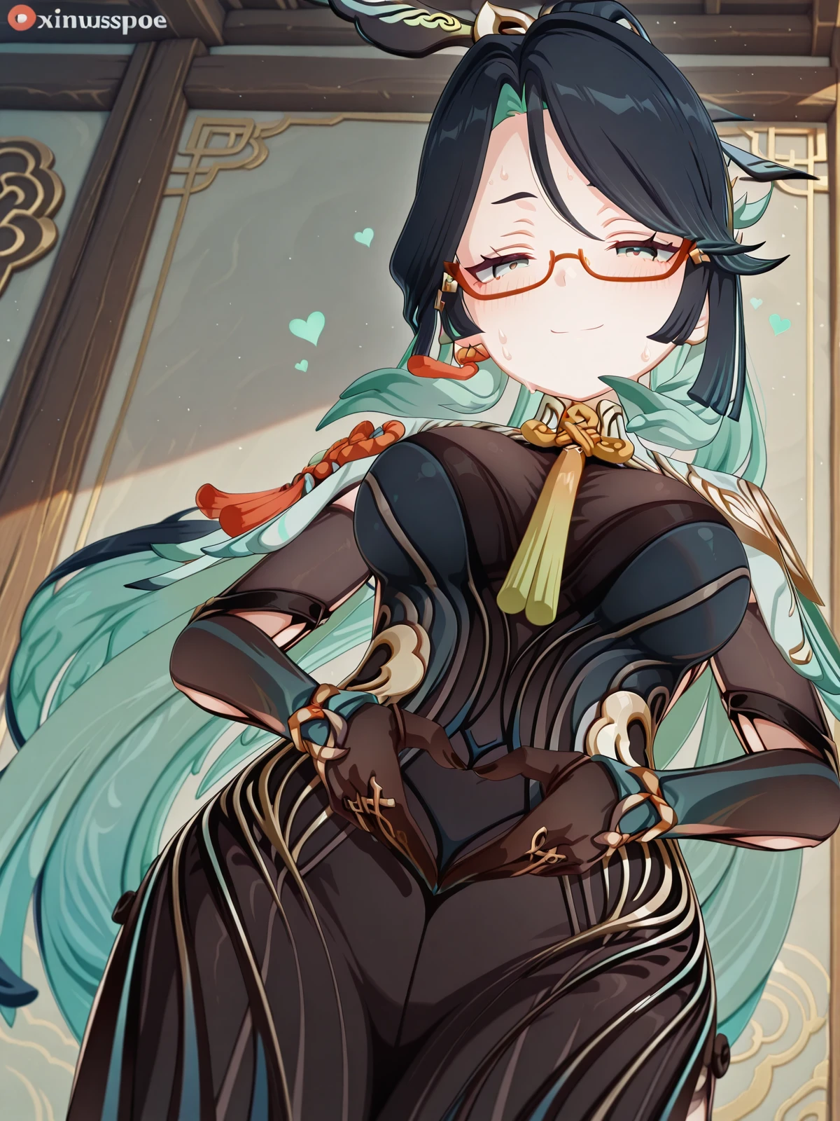 masterpiece, best quality, amazing quality,, <lora:genshin-xianyun-ingame-illustriousxl-lora-nochekaiser:1>, xianyun, xianyun (genshin impact), long hair, black hair, hair ornament, very long hair, blue hair, multicolored hair, green hair, glasses, two-tone hair, aqua eyes, aqua hair, colored inner hair, semi-rimless eyewear, red-framed eyewear, mature female, large breasts, 3d, <lora:uterus-pose-illustriousxl-lora-nochekaiser:1>, uteruspose, solo, looking at viewer, blush, smile, closed mouth, standing, heart, cowboy shot, sweat, heart hands, torogao, half-closed eyes, from below, looking down,, , ,