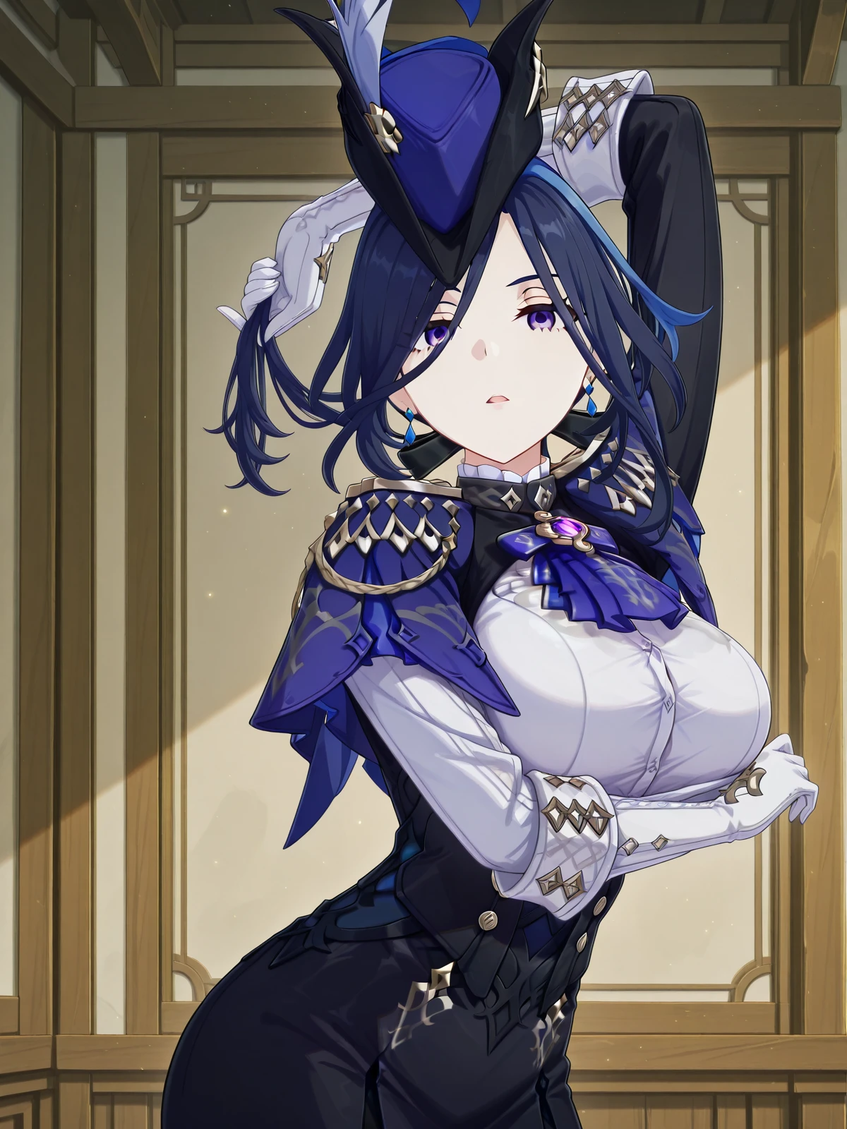 masterpiece, best quality, amazing quality,, <lora:genshin-clorinde-ingame-illustriousxl-lora-nochekaiser:1>, clorinde, clorinde (genshin impact), blue hair, purple eyes, short hair, streaked hair, mature female, breasts, 3d,, <lora:senjougaharahitagi-arm-up-pose-illustriousxl-lora-nochekaiser:1>, senjougaharahitagi arm up pose, solo, looking at viewer, open mouth, cowboy shot, parted lips, arm up, shirt lift, holding hair,, , ,