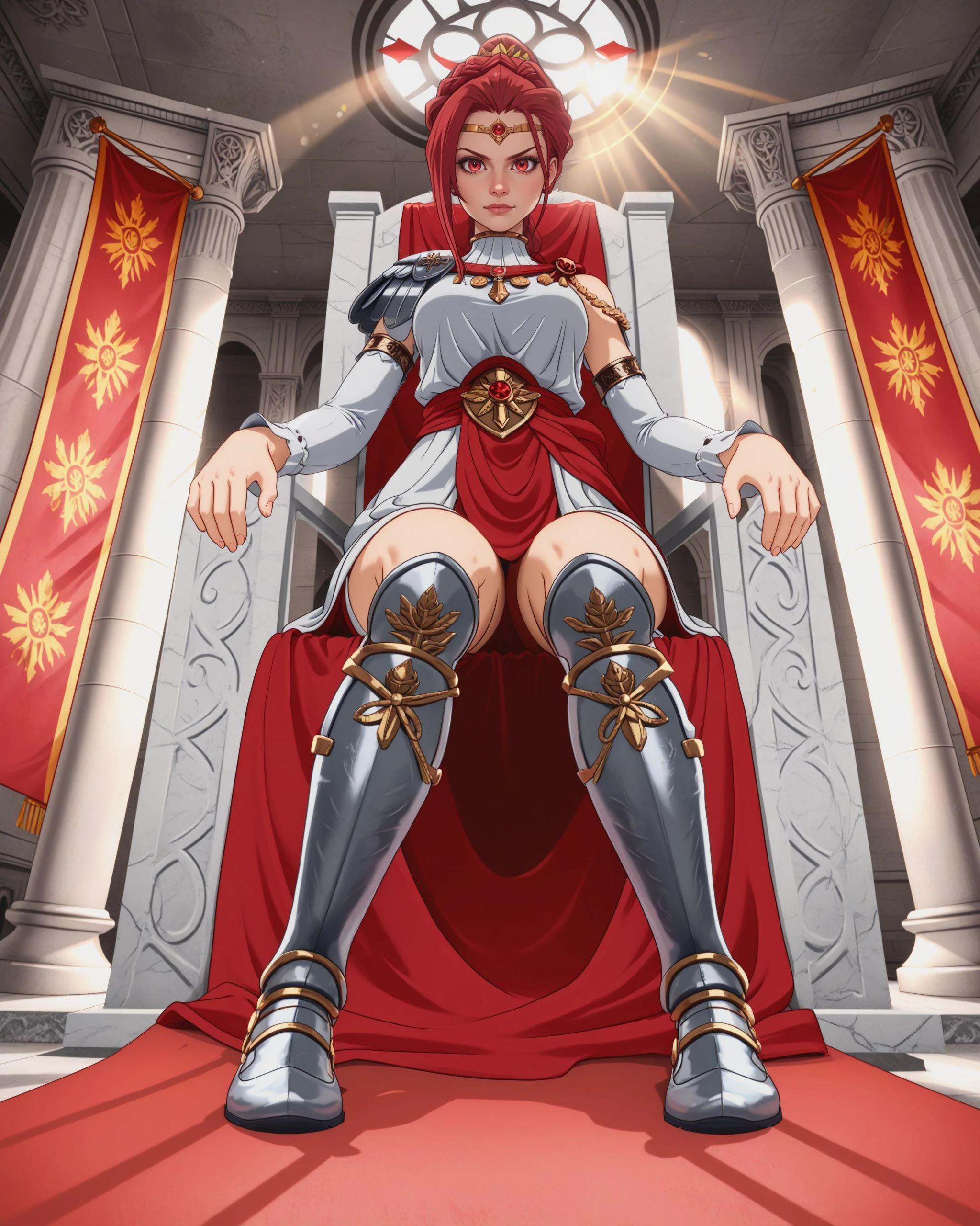 Pina_Colada, red hair, red eyes, 1girl, solo, toga, roman armor, laurel wreath,
sitting on a marble throne, regal pose, looking down at viewer,
imperious, confident, slight smirk,
from below, wide angle, dramatic lighting, god rays, lens flare,
grand roman throne room, marble columns, red banners, mosaic floor,
score_9, score_8_up, cinematic, detailed background, masterpiece
<lora:Pina_Co_Lada_Pony:1>