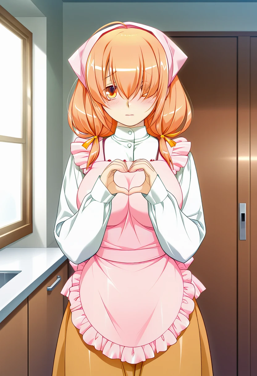 ultra detailed, masterpiece, best quality, amazing quality, very aesthetic, absurdres, Artstation style, 
1girl, solo, m1kam1_m@i,orange hair, long hair, orange eyes, hair over one eye, hair ribbon, large breasts, shiny skin, BREAK  orange dress, sleeves past wrists, pink apron, pink head scarf, long skirt, 
lovestruck, shy, blush, looking at viewer, 
standing, heart hands, in room, cowboy shot, sharp focus, depth of field <lora:mikami mai  v1.0-000012:0.9>