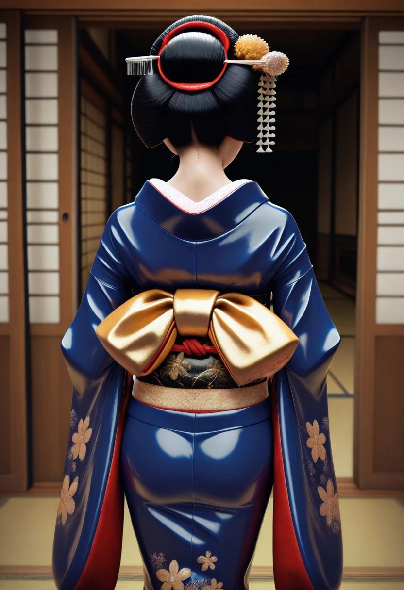 masterpiece,best quality,amazing quality, realistic, photo realistic, 3d, 1girl, japanese clothes, kimono, hair ornament, kanzashi, obi, sash, makeup, from behind