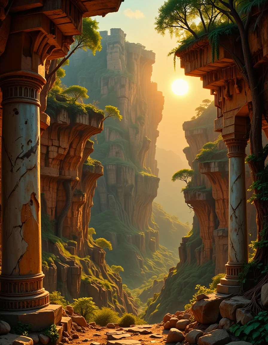 <lora:MW_Roma02fluxV3a:1> immersive fantasy setting, weathered marble columns, narrow canyon with towering cliffs, vibrant color contrast, HID16, storybook scenery, epic lighting, enchanted atmosphere, burning, dreamlike mood, gold, motion, EFFD02, golden sunlight filtering through trees, silver and emerald accents, immersive atmosphere, fairytale mood, birds circling overhead, towering red stone cliffs, remnants of a forgotten civilization