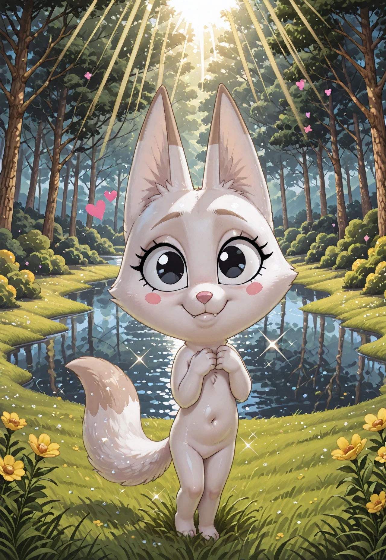 (cutecore, kawaiicore) ((halfbody)) (looking at viewer) 1girl, (anthro, furry, furry female) kon, fox, (white skin, white fur, bodyfur) white fox ears, light brown eartips, white fox snout, pink nose, white fox tail, light brown tailtip, black hair curl, big eyes, black eyes, blush stickers, ((detailed scenery, detailed background)), outside, afternoon, verdant park, marsh, (verdant greenery, trees, lush bushes, grass, grassy lawn, wildflowers, water, lake, sunlight, sun rays, hearts, sparkles, glitter))