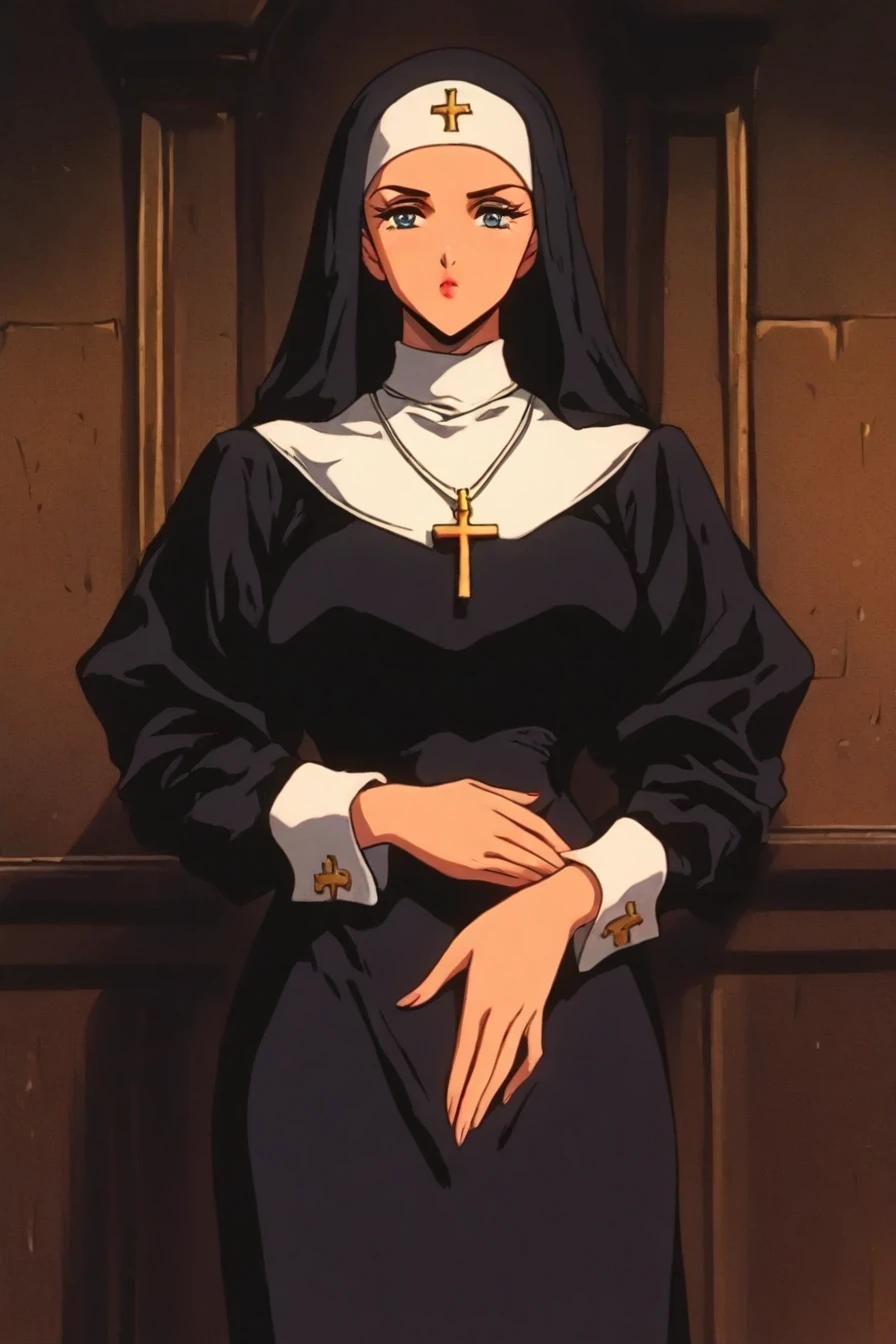 1girl, solo, alone, nun, cross necklace, <lora:retro_dark_anime_aesthetic-000021:1>, retro_dark_anime_aesthetic, retro, retro artstyle, masterpiece, highres
