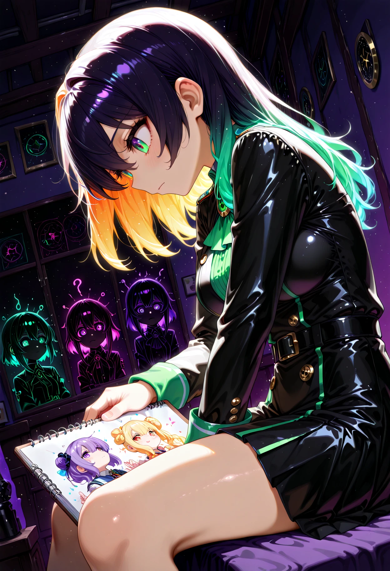 newtraumacore, masterpiece, best quality, 1girl, solo, sitting, dutch angle, rainbow colors, ultra-saturated, high contrast, vivid red, bright orange, golden yellow, emerald green, turquoise, deep blue, indigo, violet, magenta, cyan, neon glow, sparkling rainbow aura,, Drawing, side-profile of a lowborn rotund Turkish Woman, she is Cardinal-back riding, wearing Sharkskin Peplum top with Tiger details, Sunny, Panorama, Zen, Lunarpunk, Nostalgic lighting, Depth of field 270mm, wallpaper, octane engine