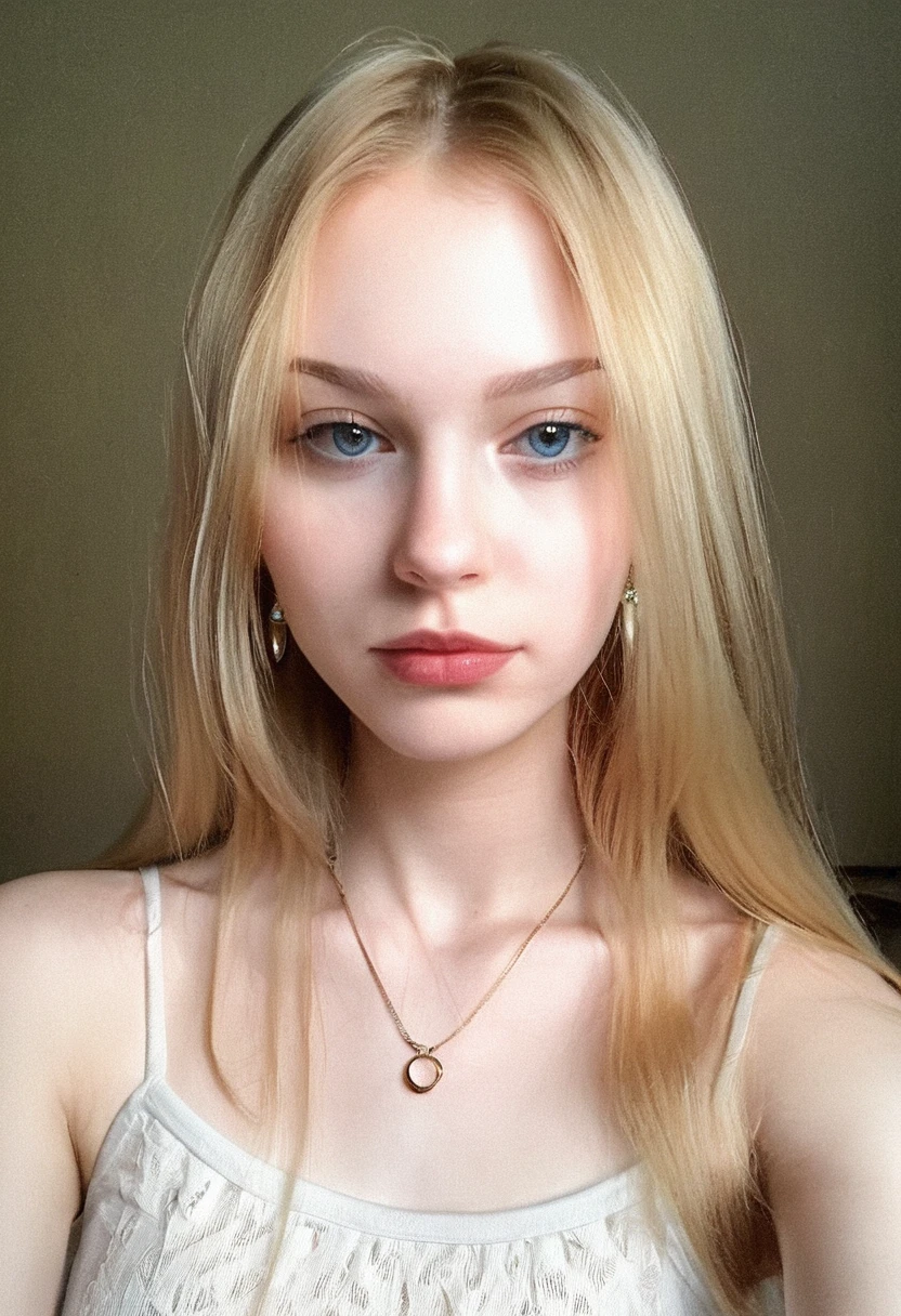 score_9, score_8_up, score_7_up, score_6_up, masterpiece, best quality, amazing quality, BSS_RSGRL, general, 1girl, solo, long hair, looking at viewer, blue eyes, blonde hair, jewelry, collarbone, upper body, earrings, necklace, grey eyes, lips, traditional media, portrait, forehead, camisole, realistic, painting (medium), photorealistic