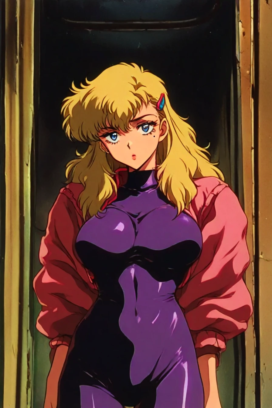 fuurinji miu, blonde hair, long hair, blue eyes, mole under right eyes, slim waist, large breast, pink jacket, purple bodysuit, hairclip, 1girl, solo, alone,  <lora:retro_dark_anime_aesthetic-000021:1>, retro_dark_anime_aesthetic, retro, retro artstyle, masterpiece, highres