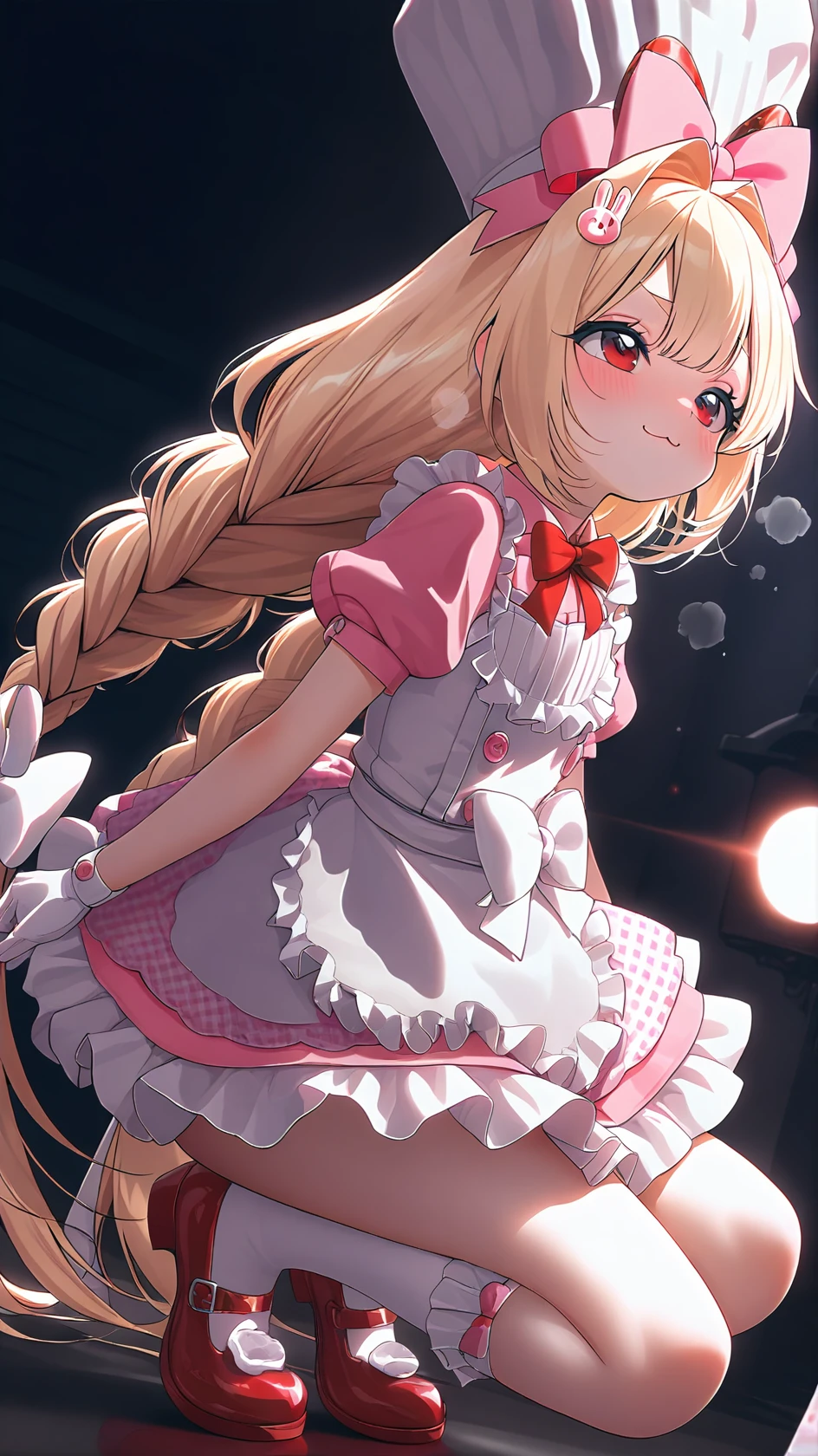 masterpiece, best quality, very high quality, ultra detailed, masterpiece, ,
<lora:sometyome_style:0.7>, sometyome_illu, abstract, cinematic lighting, very beautiful, anime coloring, screencap, anime screencap,dim lighting, purple and black theme,
masterpiece, best quality, amazing quality, 1girl, 8K, illustrating, CG, , detailed background, cute girl, eyelashes, , slutty, hot, aroused, Frerry, detailed background, , looking , dynamic action image, detailed face, best lighting, detailed illustration, detailed background, cinematic, beautiful face, beautiful,
<lora:crust-000040:0.8> , solo, long hair,r, blush , bangs, blonde hair, hair ornament, red eyes, gloves, hat, , dress, bow, animal ears, twintails, very long hair, braid, short sleeves,, hair bow, frills, , shoes, socks, puffy sleeves, white gloves, rabbit ears, apron, red bow, twin braids, puffy short sleeves, , white headwear, frilled dress, , white bow, , pink dress, white apron, frilled apron, , food-themed hair ornament, rabbit hair ornament,, chef hat,, :3,, masterpiece,best quality,amazing quality,