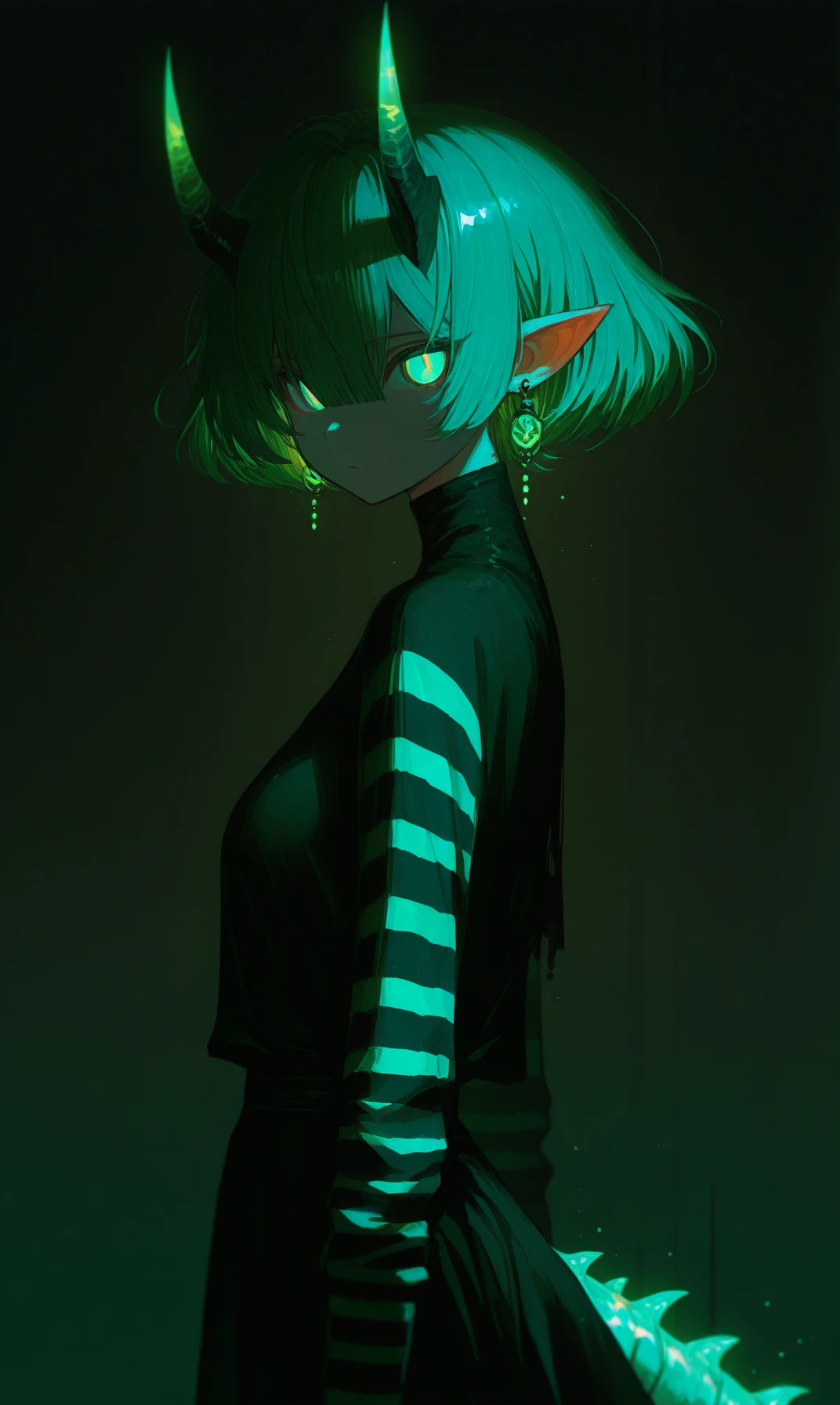 Gl9w, 1girl, solo, horns, looking at viewer, pointy ears, green eyes, short hair, striped sleeves, glowing eyes, tail, glowing, from side, green hair, closed mouth, breasts, hair between eyes, striped, bangs, earrings, blood
Expressiveh