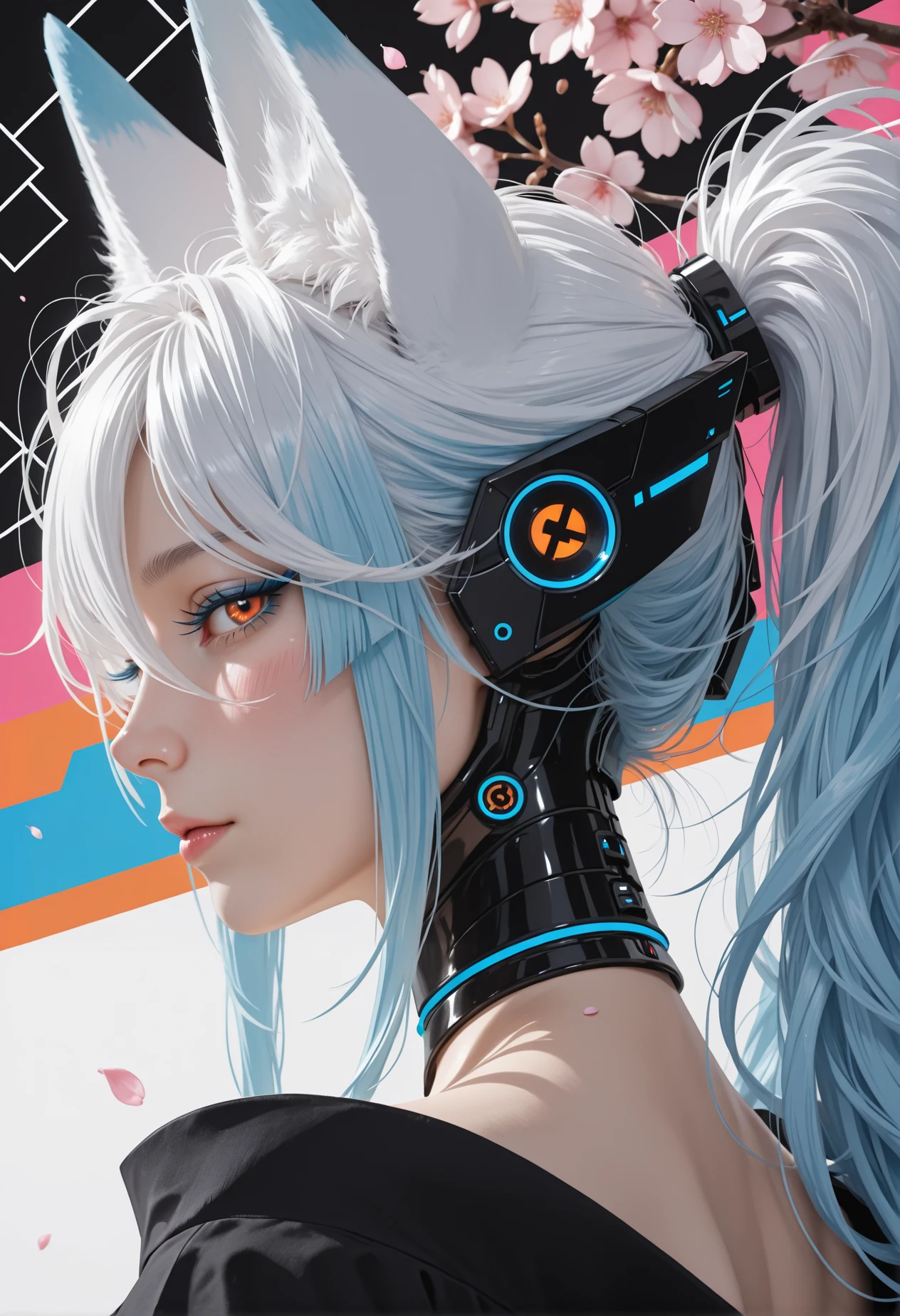 mature woman,
(cyber-doll, cyber-body accents),
fox ears,
choker, kimono, cherry blossoms,
skin pressed, black dress,
blue lashes, long lashes, very awa,
multicolored background, black inked, zigzag_background, white,
white hair, blue hair, messy hair, ponytail, long hair, bangs, long bangs, orange eyes,
portrait, profile, back view, tilted angle, close up, upper body with face focus, from below,
looking at viewer, tilted head,
blush, leer,
(neon)