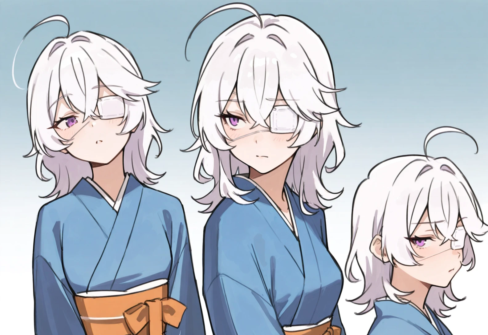 masterpiece, best quality, 1girl, white hair, medium hair, purple eye, crossed bangs, small breasts, hair between eyes, tsurime, aged up, woman, ahoge, half-closed eye, petite, japanese clothes, kimono, blue clothes, sash, <lora:Left Eye Eyepatch3-outfit-illustrious:0.75> leftsydeypat, eyepatch, medical eyepatch, <lora:9_AtsukoNozaki:0.85> atsuko nozaki,