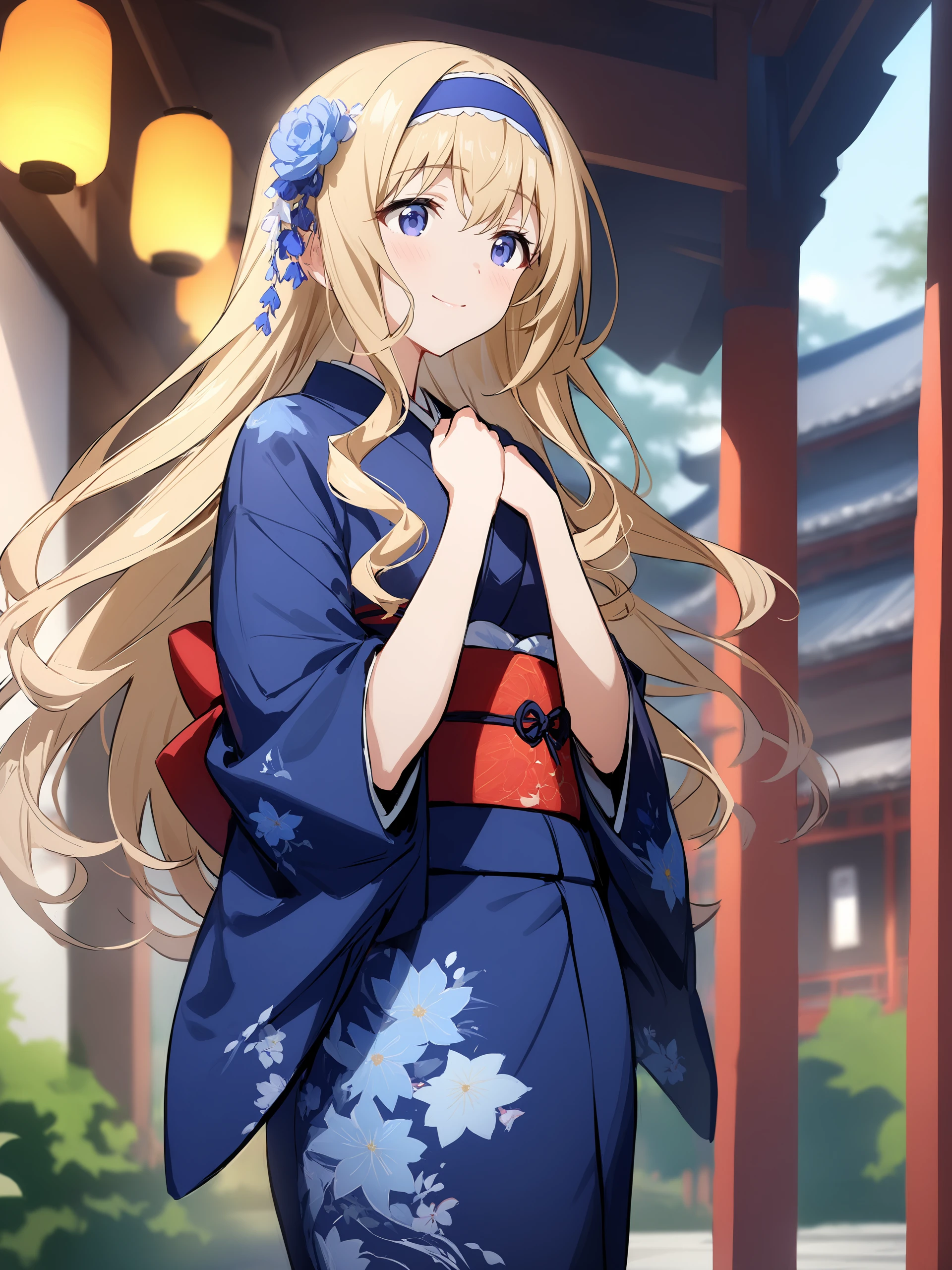 illustration, incredibly absurdres, ultra detailed, masterpiece, best quality, perfect features, intricate details, ray tracing, very aesthetic, (ask \(askzy\), hiten \(hitenkei\):0.6),  <lora:Char-IS-Cecilia-V1-SDXL:0.9:hr=0.6> 1girl, cecilia alcott, blue hairband, solo, kimono, hair flower, obi, sash, tabi, standing, cowboy shot, hands on own chest, light smile, east asian architecture, outdoors, blurry background, masterpiece