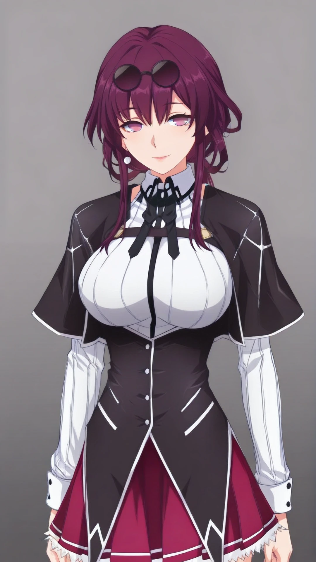 anime coloring, highres, anime screenshot, dramatic lighting, intricate details, masterpiece, best quality, absurdres, depth, looking at the viewer, 
BREAK <lora:Kafka_XL-20:0.9> Kafka_XL, sidelocks, eyewear on head, round eyewear, purple-tinted eyewear, lips, pink lips, 1girl, large breasts, ((huge hips)), ((curvy hips)), thick thighs, no pupils, 
BREAK <lora:DxD_Outfit:1.5> (Kuoh_Outfit), pleated skirt, (capelet:1.5), black capelet, corset, black corset, white shirt, long sleeves