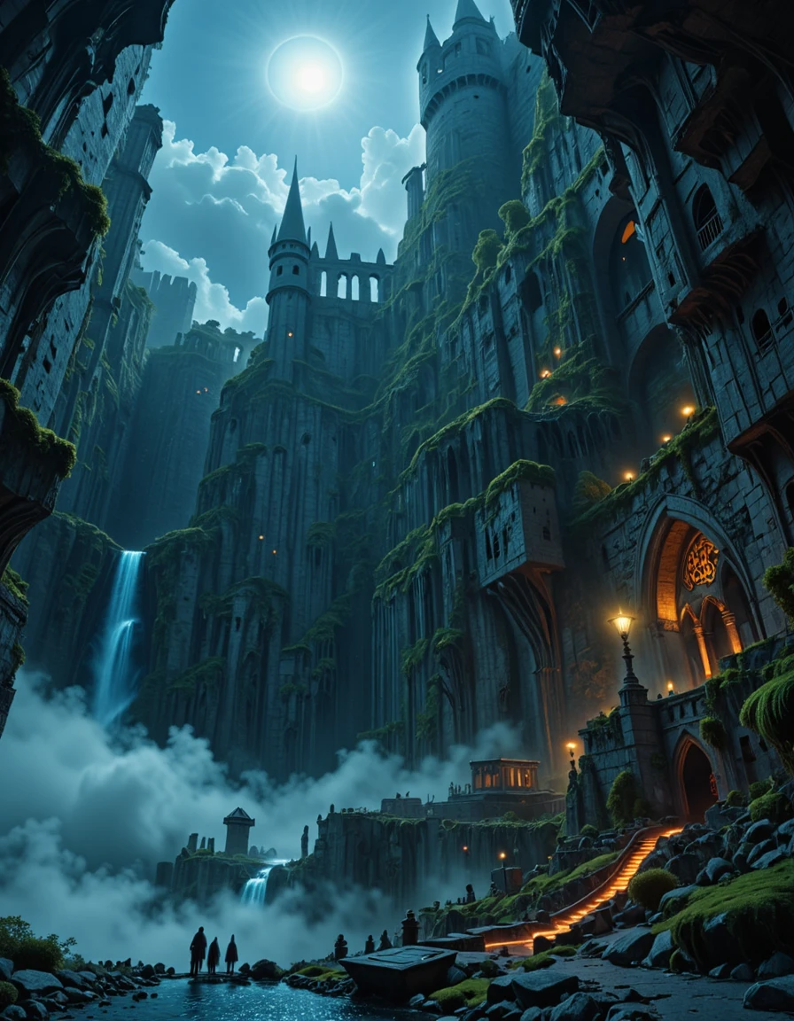 <lora:MW_Roma02flux:1> SP01, space nebula, planet decay, medieval city, clouds, moss, lava, waves, medieval city carved into the walls of a deep canyon, illuminated by moonlight, night, bioluminescent vines clinging to ancient stone, silver moonlight filtering through mist above, medieval castle, elegant bridges suspended between cliffs, soft waterfalls shimmering in the night, cloaked figures in flowing robes walking cobbled paths, magical fog rising from the canyon floor, ethereal atmosphere, detailed fantasy architecture, soft cool color tones, cinematic night lighting, enchanted wilderness, mysterious aura, panoramic view, highly detailed, fantasy illustration style,