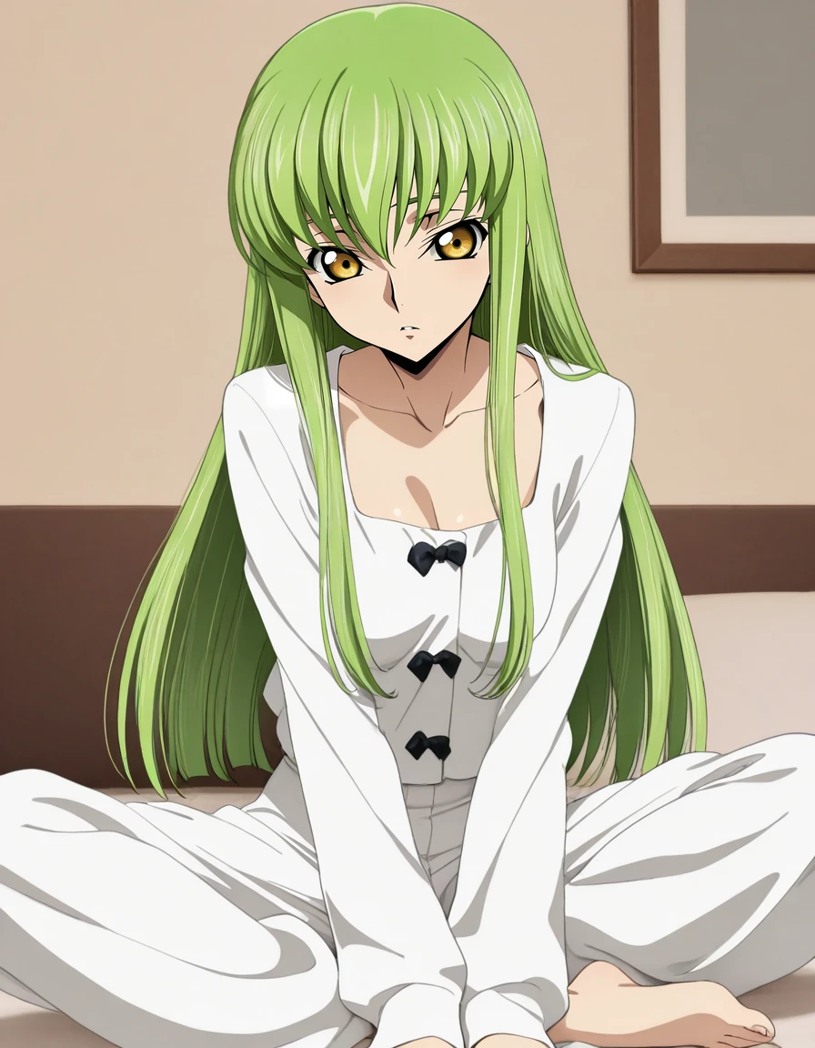 masterpiece,best quality,amazing quality,very aesthetic,high resolution,ultra detailed,perfect details,anime coloring,
bedroom,
1girl,dynamic pose,<lora:mai_white_jacket:1>,mai_white_jacket,black_bow,white_pants,baggy_pants,collarbone,barefoot,
code_geass,c.c.,code geass,