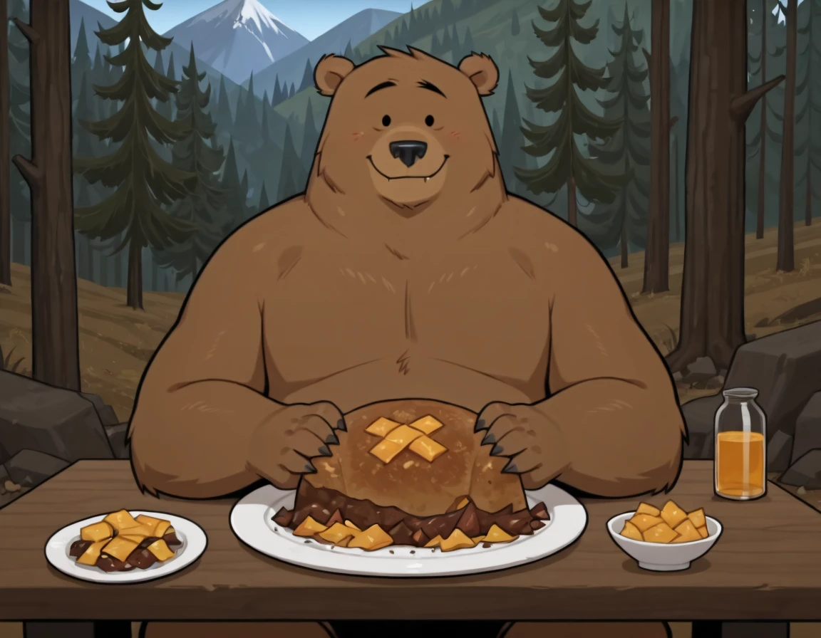 masterpiece, best quality, amazing quality, male, males only, male focus, solo, Bruno, bear, Dot eyes, mountain, forest, tree, looking at viewer, sitting, smile, table, eater food