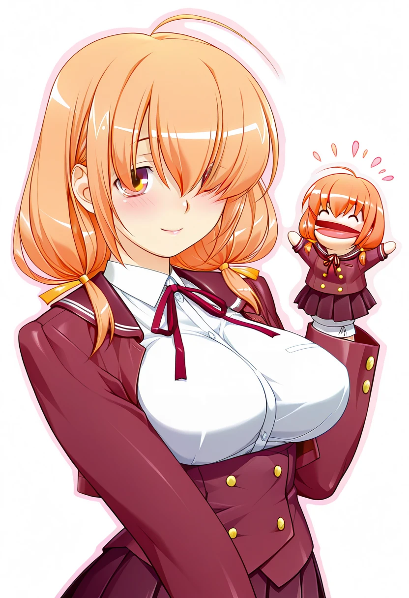 masterpiece, best quality, amazing quality, very aesthetic, absurdres, ultra detailed, intricate, 
1girl, solo, m1kam1_m@i,orange hair, long hair, brown eyes, hair over one eye, hair ribbon, large breasts, shiny skin, BREAK  school uniform, blazer, pleated skirt, long sleeves, framed breasts, 
^ ^, shy smile, blush, standing, hppt,hand puppet, happy aura, simple background, white background, upper body, soft shadows <lora:hand_puppet_IL_v1:1> <lora:mikami mai  v1.0-000012:0.9>