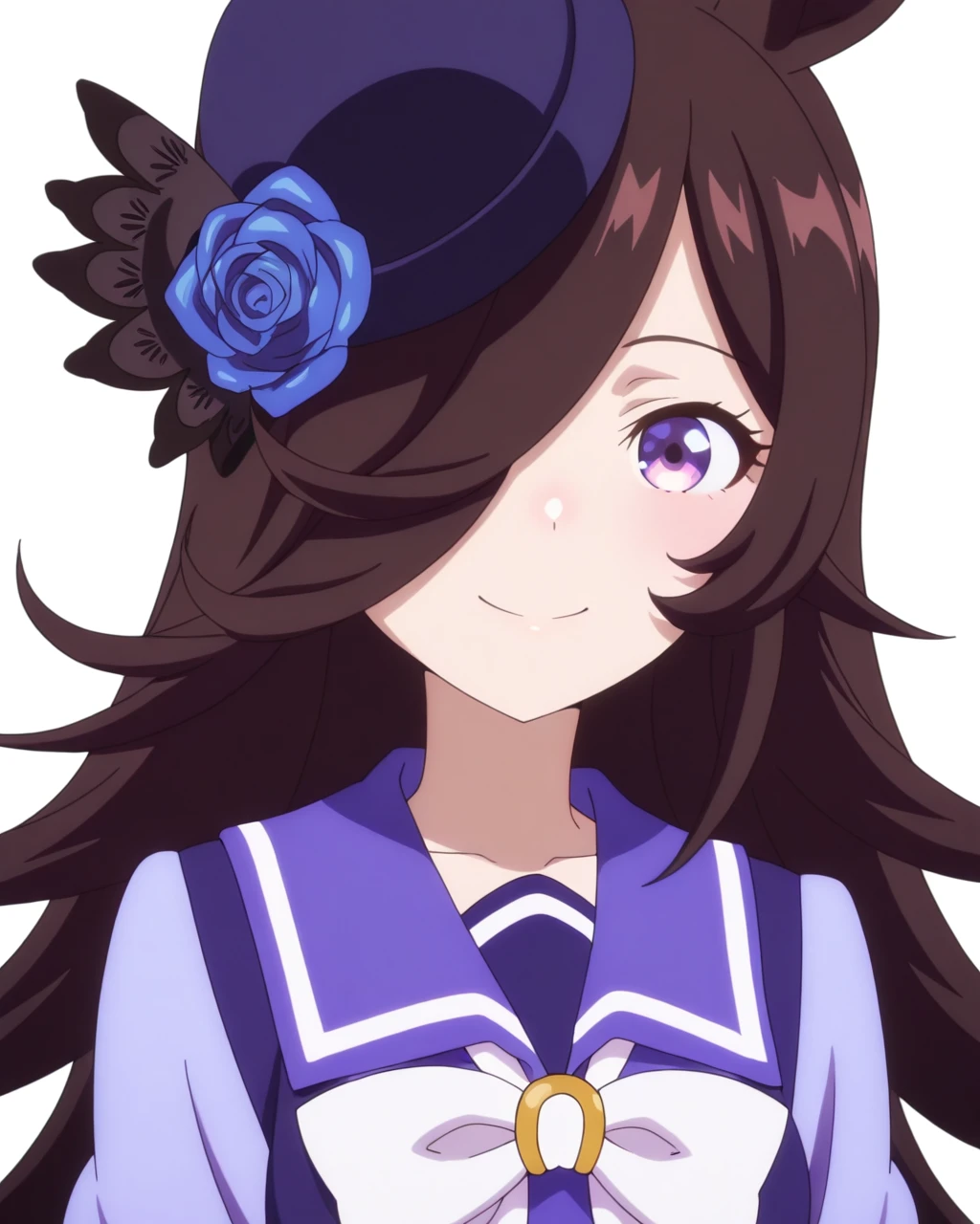 best quality, masterpiece, anime screencap, simple background, solid white background, 1girl, solo, looking at viewer, upper body, <lora:riceshower-umamusumeIL:0.8>, rice shower, long hair, hair over one eye, hat, hat flower, tilted headwear, tracen school uniform, smile