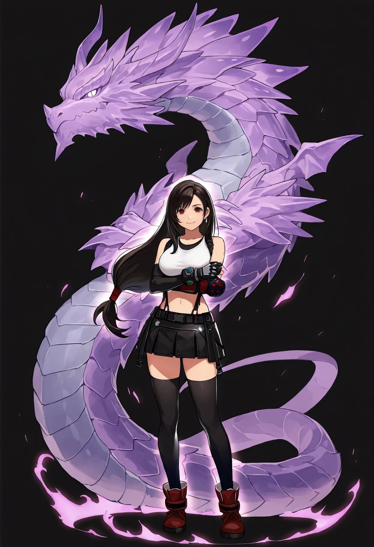 masterpiece, best quality, simple background, black background, 1girl, 1other, full body, <lora:Summon:1>
1girl, tifa lockhart, crop top, mismatching gloves, suspenders, miniskirt, thighhighs, crossed arms, looking at viewer, smile, closed mouth,
1other, aura, dragon,