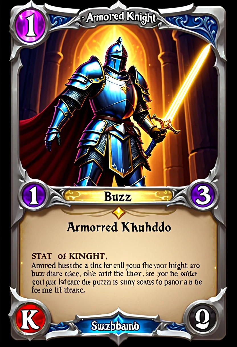 full trading card design, ornate fantasy warrior card frame, shiny holographic foil border, top title box, armored knight husbando with sword, BUZZ written in silver glowing letters engraved on blade, bottom description box with text, stat symbols in corners