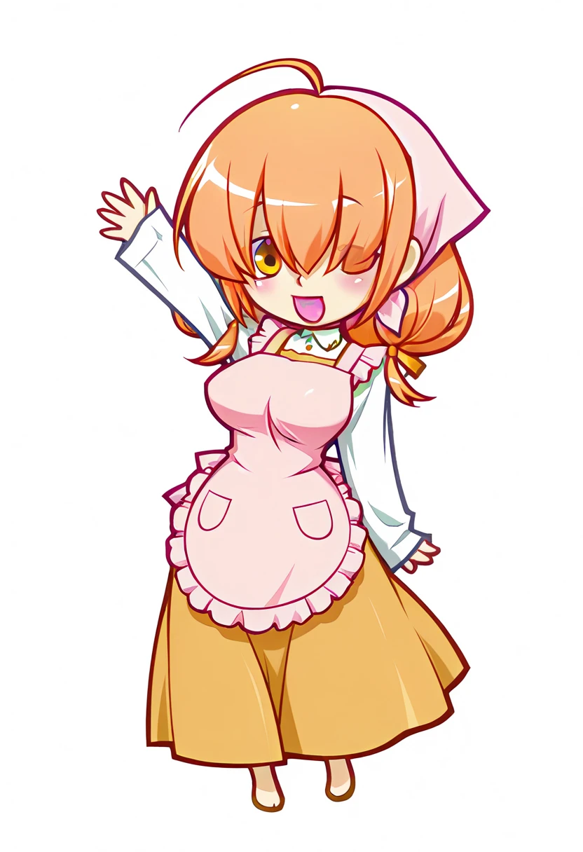 pop'n music style, thick outlines, colored outlines, magenta outline, 
1girl, solo, (chibi:1.2), cute, full body, m1kam1_m@i,orange hair, long hair, brown eyes, hair over one eye, hair ribbon, large breasts, shiny skin, BREAK  orange dress, sleeves past wrists, pink apron, pink head scarf, long skirt, 
blush, ;d, looking at viewer, standing, waving, white background, front view, sharp focus, depth of field, highly detailed <lora:mikami mai  v1.0-000012:1> <lora:Popn_Music_Style:1>