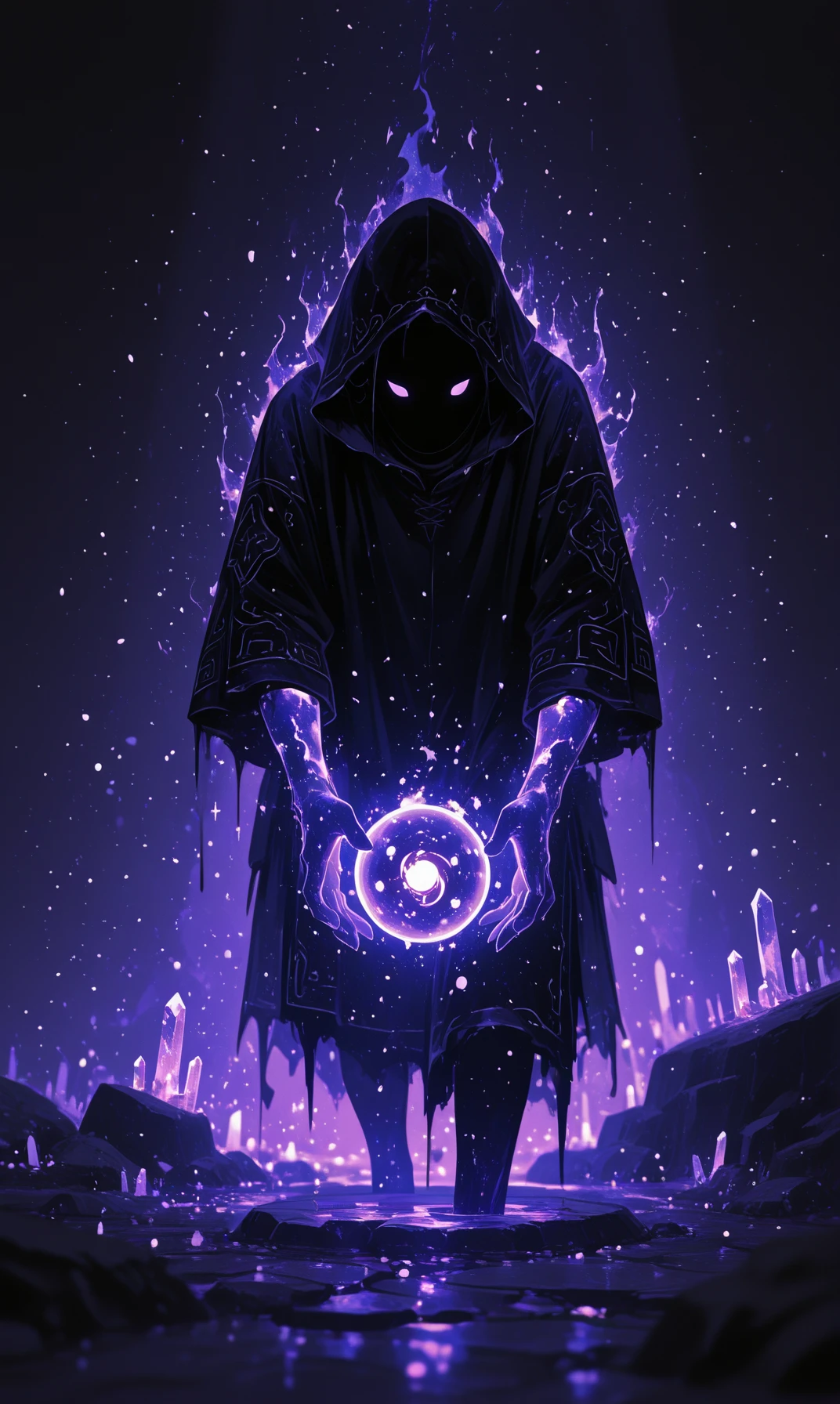 Gl9w, (masterpiece), (best quality), ultra-detailed, cinematic contrast, dark environment, mysterious glowing object held by a man in pitch-black surroundings
1boy, solo, standing, holding a floating crystal orb glowing softly with deep blue and violet hues, swirling magical energy inside, subtle floating particles around it, casting soft light on his face and hands, shadows covering most of his body
no background visible, light bloom around edges, faint reflections on wet stone ground, minimal ambient light, subtle mist, magical shimmer effect around the orb
top-down spotlight focus on the man and orb, center composition, high contrast between light and shadow, monochrome environment with only orb glowing, (glow:1.2), (soft blur:0.8), (depth of field), sharp textures on glowing areas
stylized lighting, inspired by fantasy concept art, sketch details, painterly shadows, subdued color palette, enchanted and powerful atmosphere