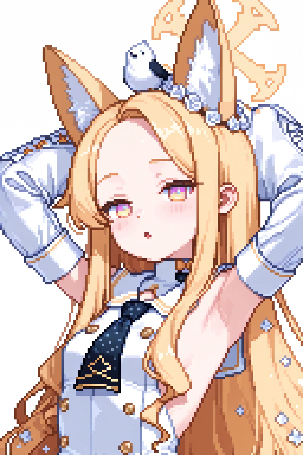 masterprice, pixpix, 8-bit, pixel_art, , seia_\(blue_archive\), 1girl, solo, long_hair, , looking_at_viewer, blush, open_mouth, simple_background, blonde_hair, hair_ornament, white_background, dress, animal_ears, upper_body, yellow_eyes, flower, small_breasts, detached_sleeves, hair_flower, armpits, white_dress, halo, arms_up, animal_ear_fluff, parted_bangs, fox_ears, sleeveless_dress, ascot, bird, animal, forehead, white_sleeves, multicolored_eyes, backless_outfit, on_head, backless_dress, animal_on_head, yellow_halo, gradient_eyes, presenting_armpit, bird_on_head, flower_wreath, white_bird