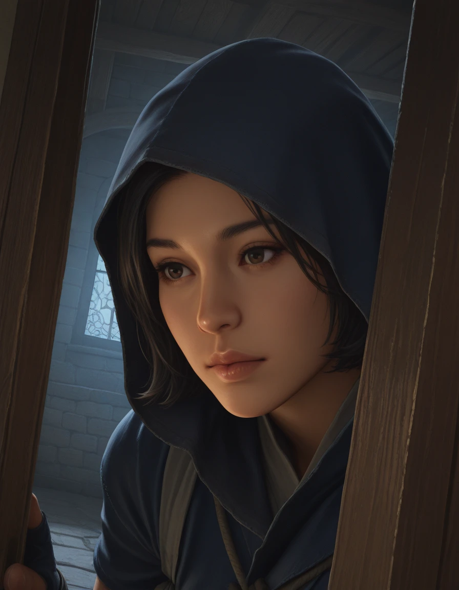 , <lora:IL_ACShadows_t5-81-64:1.0>,1girl, ACNaoe, , black hair, brown eyes , short hair, dark blue ninja outfit,
hood, close-up, sneaking, peeking, indoors, feudal japan, medieval, dynamic angle , night, solo, doorway
, medieval, feudal japan, ancient japan,, (realistic:1.5), [3d::0.1], [watercolor \(medium\):0.1], [painting \(medium\):0.01], masterpiece, best quality,