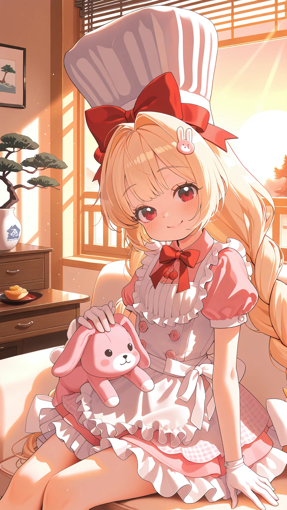masterpiece, best quality, amazing quality,,newest, absurdres, highres,nsfw, ultra-detailed, stylized, nsfw, light particles,
<lora:crust-000040:0.8> , solo, long hair,r, blush , bangs, blonde hair, hair ornament, red eyes, gloves, hat, , dress, bow, animal ears, twintails, very long hair, braid, short sleeves,, hair bow, frills, puffy sleeves, white gloves, apron, red bow, twin braids, puffy short sleeves, , white headwear, frilled dress, , white bow, , pink dress, white apron, frilled apron, , food-themed hair ornament, rabbit hair ornament, chef hat,
absurdres, 1girl, solo, glossy lips, , two side up, head tilt, smile, , petting animal, stuffed animal, in lap, sitting on sofa, looking at viewer, looking aside, from side, indoors, bonsai tree, end tables, relaxing, warm tone, ((sunlight through venetian blinds)), porcelain collection, fancy paintings, dawn, morning, sunrise, ambient light, soft light, comiks,fgg, no lineart, flat color,
, <lora:add-detail-xl:0.8>, <lora:illustrious_flat_color_v2:1>, masterpiece,best quality,amazing quality,