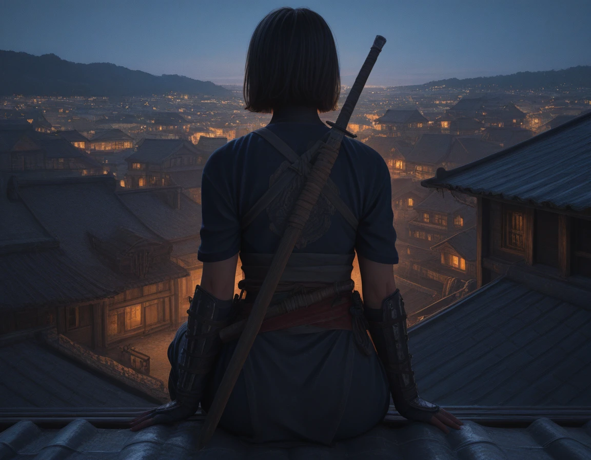 , <lora:IL_ACShadows_t5-81-64:1.0>,1girl, ACNaoe, , black hair, , short hair, dark blue ninja outfit, [red sash::0.3], sword on back,
,from behind, sitting, facing away , , night, rooftop, village, backlighting
, medieval, feudal japan, ancient japan,, (realistic:1.5), [3d::0.1], [watercolor \(medium\):0.1], [painting \(medium\):0.01], masterpiece, best quality,