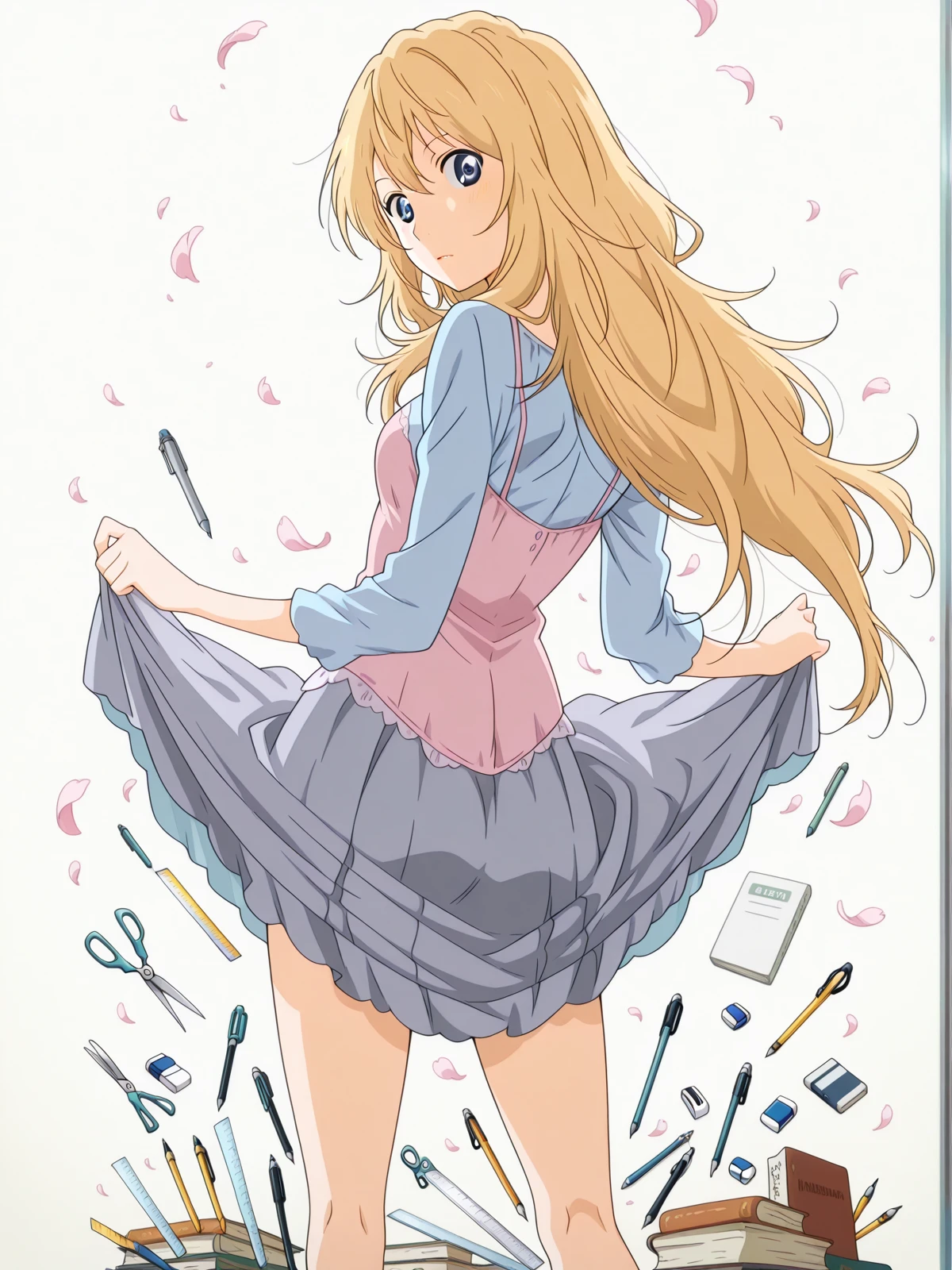 masterpiece, best quality, amazing quality,, <lora:kaori-miyazono-s1-illustriousxl-lora-nochekaiser:1>, kaori miyazono, long hair, blonde hair, blue eyes, mature female, small breasts, anime screencap,, <lora:senjougaharahitagi-skirt-lift-pose-illustriousxl-lora-nochekaiser:1>, senjougaharahitagi skirt lift pose, solo, skirt, looking back, from behind, clothes lift, book, petals, skirt lift, skirt hold, pen, pencil, scissors, eraser, mechanical pencil, ruler, boxcutter, impossible storage,, , ,