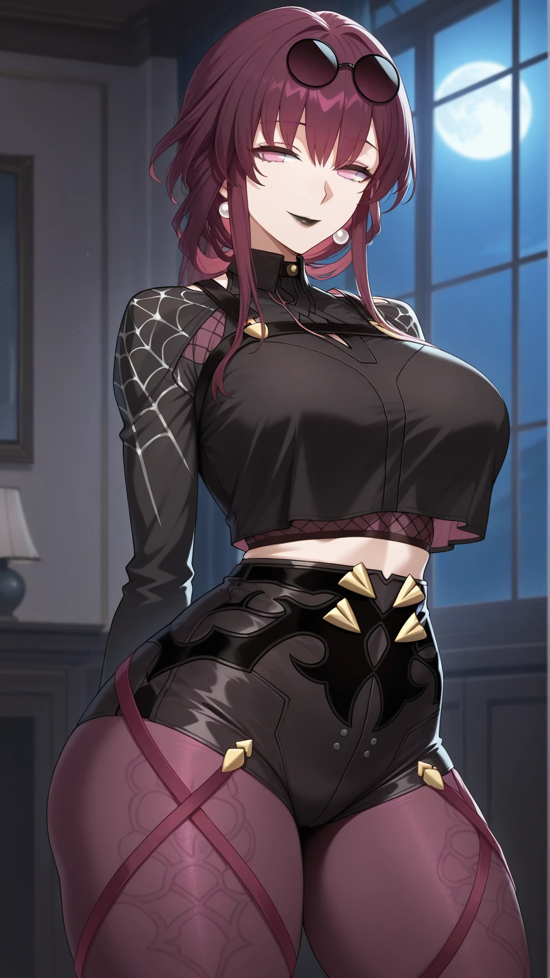 anime coloring, highres, anime screenshot, dramatic lighting, intricate details, masterpiece, best quality, absurdres, depth, looking at the viewer, ((official style)), <lora:Kafka_XL-20:0.9> Kafka_XL, sidelocks, eyewear on head, round eyewear, purple-tinted eyewear, 1girl, ((black lips)), lipstick, ((thick lips)), , ((huge )), ((curvy )), thick thighs, fishnets, fishnet undershirt, crop top, crop top overhang, black crop top, shorts, micro shorts, jean shorts, black jean shorts, pantyhose, standing, alluring pose, smile, victorian living room, full moon visible outside, intense moonlight streaming through window, soft glow outlining curves, gentle highlights on skin, mysterious shadows across face, hair illuminated by light, back lighting, rim light from moon, atmospheric haze, warm and cool light contrast, light rays,