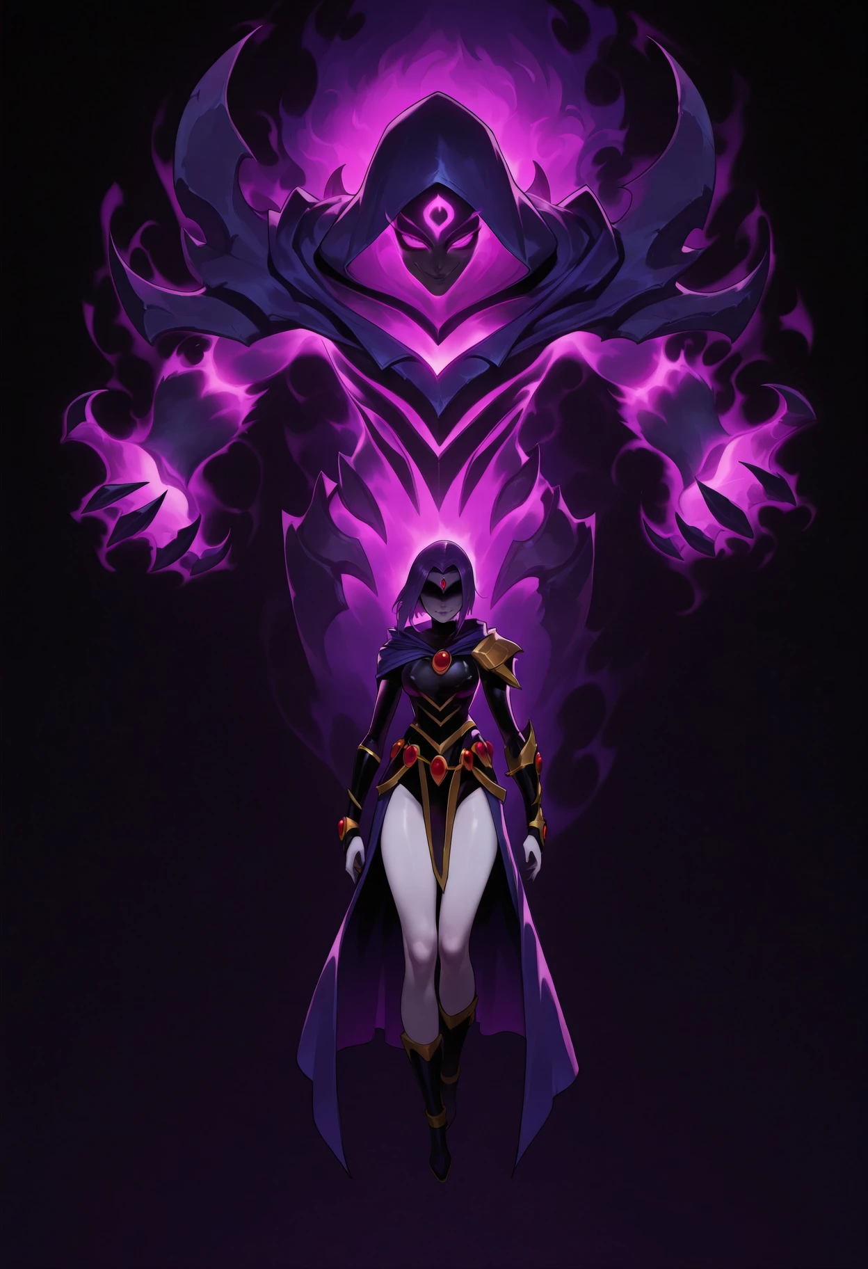 masterpiece, best quality, simple background, black background, 1girl, 1other, full body, <lora:Summon:1>
1girl, raven \(dc\), grey skin, purple eyes, short hair, purple hair, cloak, black leotard, long sleeves, looking at viewer, evil smile, closed mouth,
1other, spirit, monster, aura, demon, armor, magic, faceless,