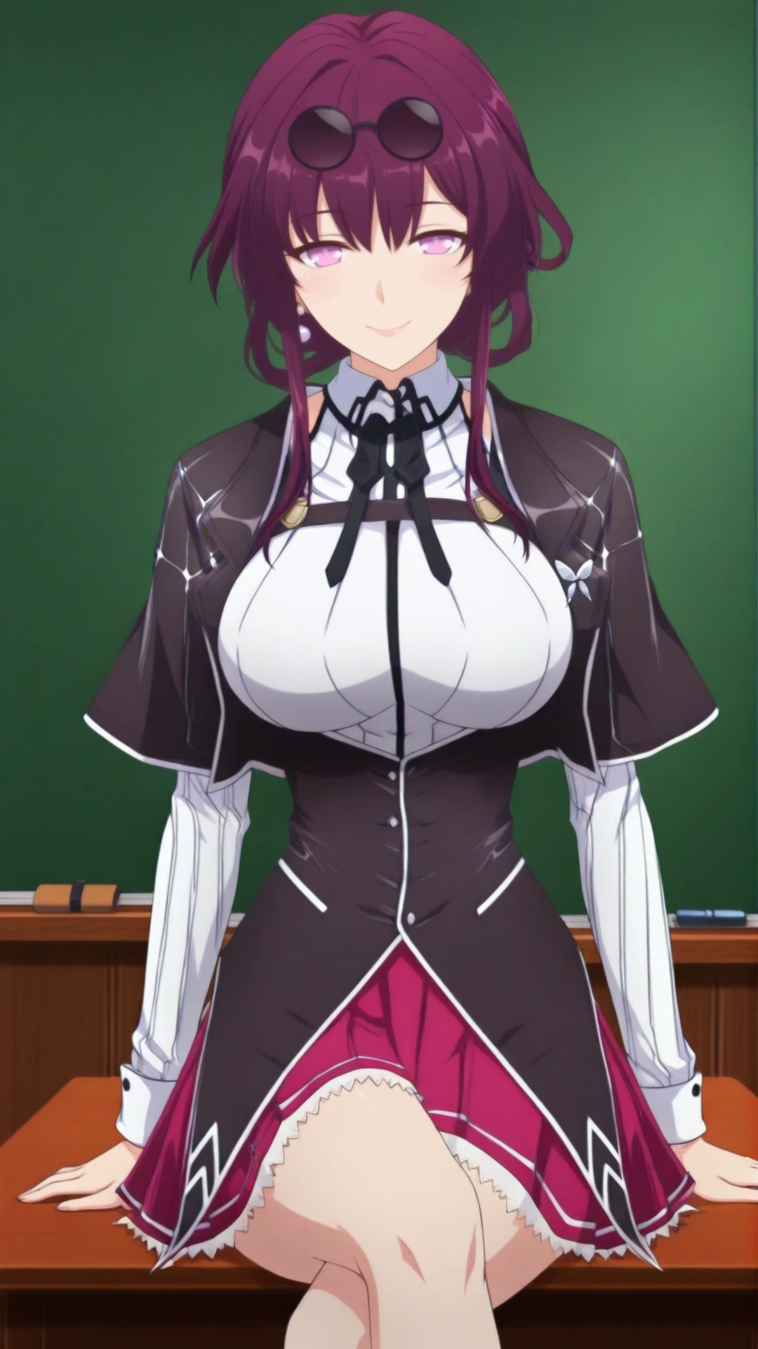 anime coloring, highres, anime screenshot, dramatic lighting, intricate details, masterpiece, best quality, absurdres, depth, looking at the viewer, calssroom, desk, sitting on desk, chalkboard, crossed legs,
BREAK <lora:Kafka_XL-20:0.9> Kafka_XL, sidelocks, eyewear on head, round eyewear, purple-tinted eyewear, lips, pink lips, 1girl, large breasts, ((huge hips)), ((curvy hips)), thick thighs, (no pupils:1.5), 
BREAK <lora:DxD_Outfit:1.5> (Kuoh_Outfit), pleated skirt, (capelet:1.5), black capelet, corset, black corset, white shirt, long sleeves