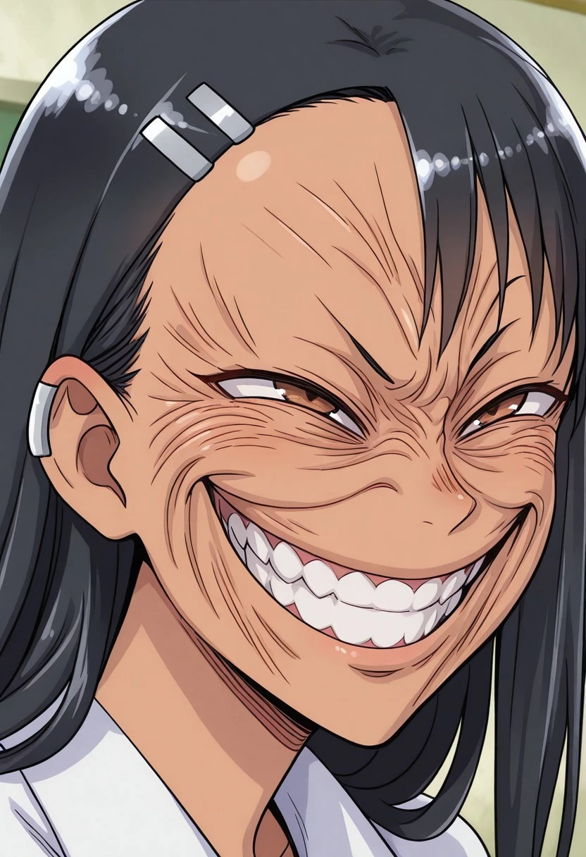 (((ultra detailed, masterpiece, high quality,  )))
, 
((( grinning face, exaggerated smile, wrinkled expression, meme face, )))
,
((( 1girl, solo )))
,
((( nagatoro hayase, brown eyes, black hair, long hair, earclip, asymmetrical bangs, hairclip, hair ornament, dark-skinned female )))
,
((( )))
,
((( )))
,
((( )))
,
((( )))