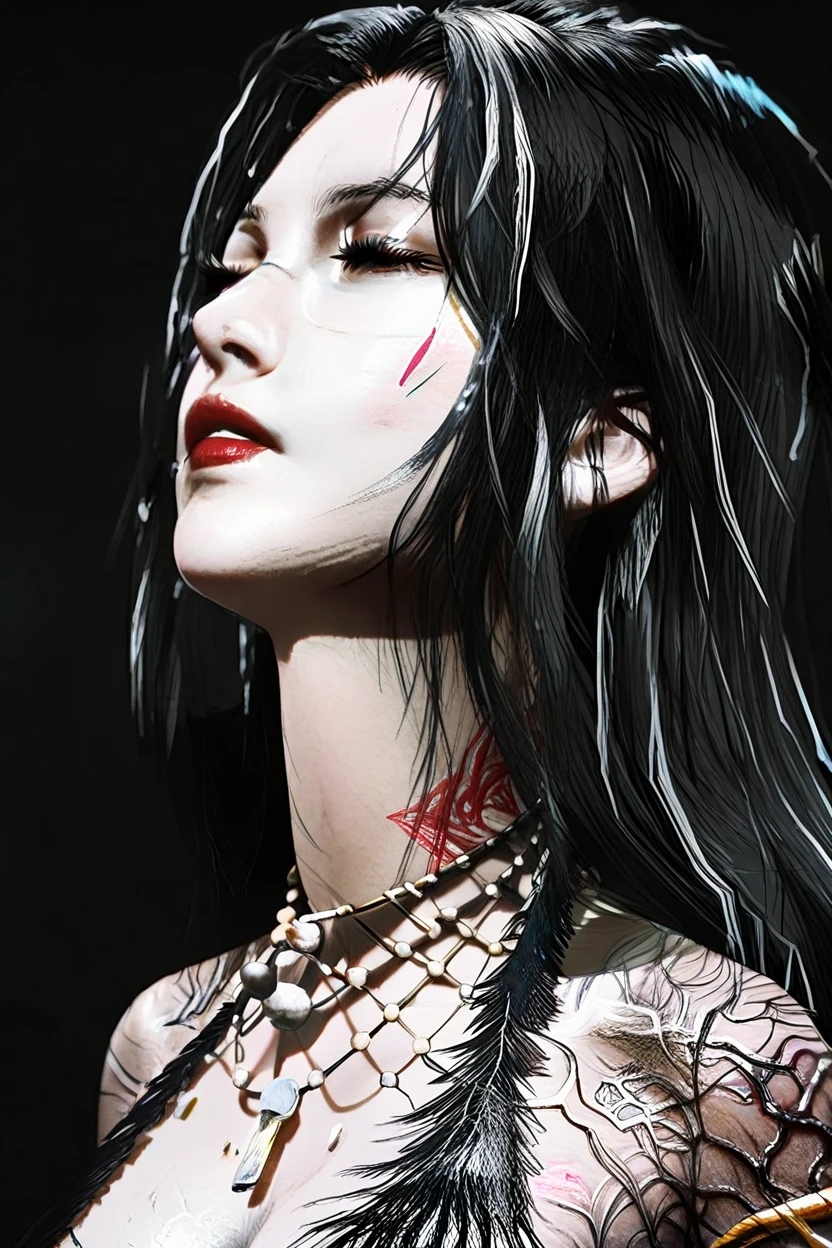 <lora:wuchang1llust:0.8>,
wuchang,FallenFeathers,1girl,black hair,solo,jewelry,long hair,necklace,black background,closed eyes,simple background,looking up,mole,tattoo,red lips,
<lora:hs-LineArtIllust:0.8>,line art,sketch,draft,abstract lines,minimalist,dynamic lines,Hand-drawn style,simple background,monochrome,