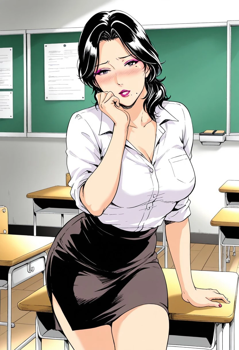 mrsyaj1ma, masterpiece, best quality, amazing quality, very aesthetic, absurdres, newest, very awa, beautiful eyes,
Indoors,
masterpiece, best quality, detailed,
blush, skirt,shirt, 1girl, school uniform, shirt, makeup, formal, suit, lipstick, mole under mouth, desk, pencil skirt, mature female, classroom, teacher,solo, posing
