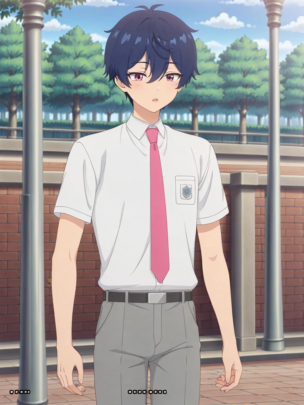 masterpiece, best quality, very aesthetic, absurdres,(anime.anime screenshot),
1boy, male focus, solo, short hair,blue hair,pink eyes, school uniform, necktie,pink nechtie,shirt,  pants,  short sleeves, white shirt, belt,subaru_school,<lora:subaru:0.8>
walking,sleepy,park,day,